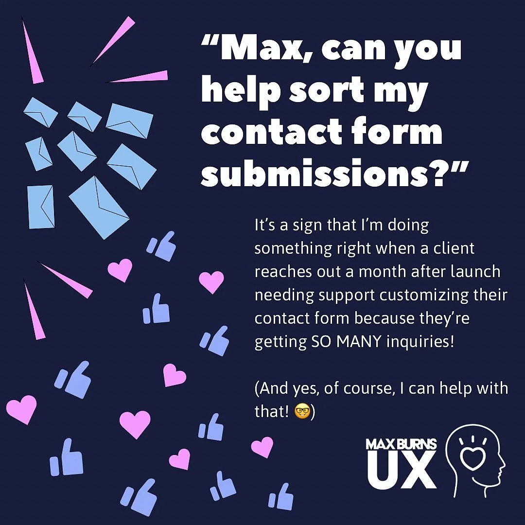 Building sites SO GOOD your contact form needs customized sorting features. 💪🏻🤓

#KindDesign #QueerWebsites #QueerDesigner

Image description: dark blue background with light blue email icons, hearts, and thumbs up with text reading: &ldquo;&ldquo