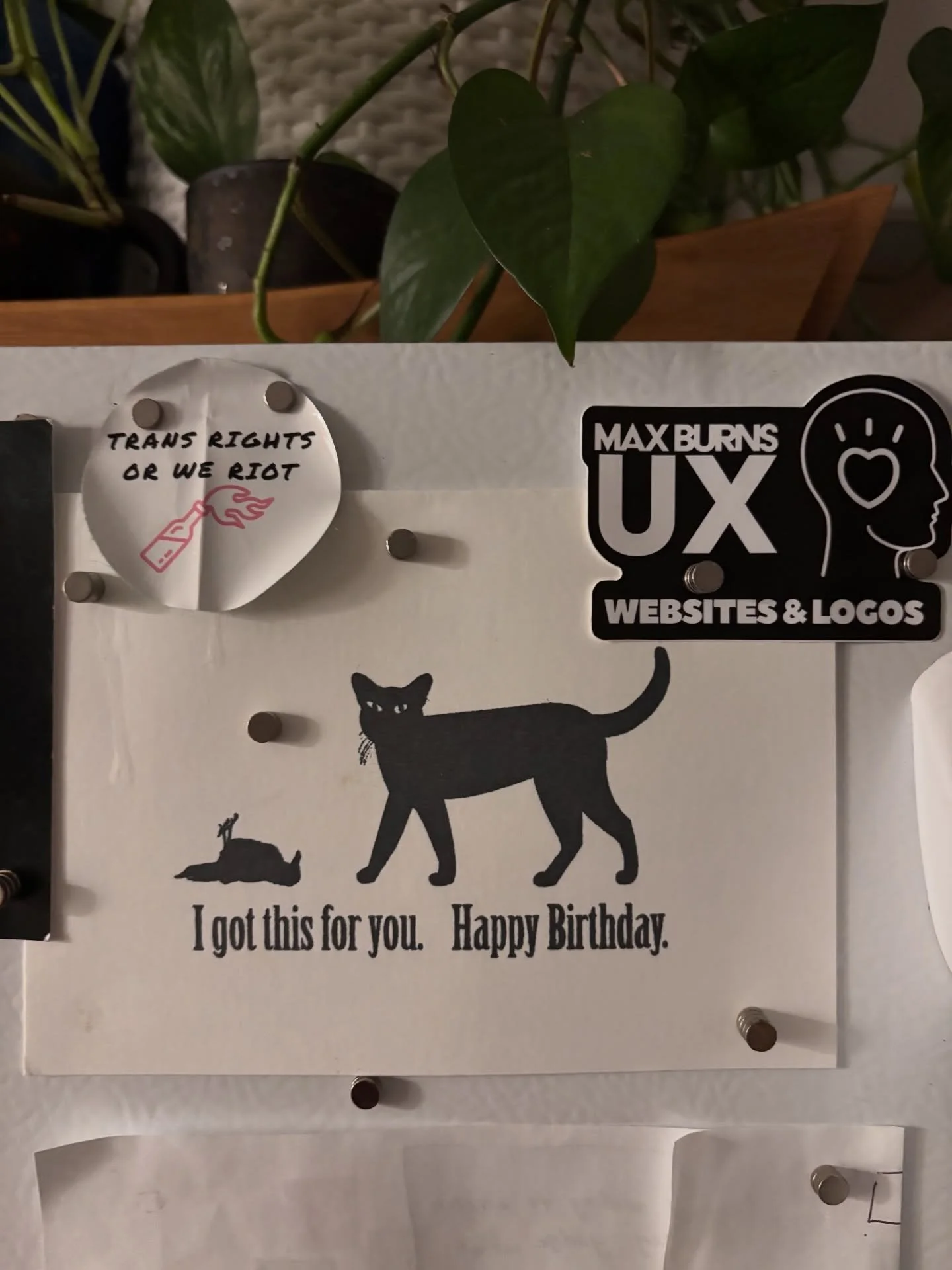 Send me pics of your MBUX stickers! And if ya didn&rsquo;t get one yet, dm me your address- stickers for ALL and I love to see it. 🏳️&zwj;⚧️

#KindDesign #QueerDesign #QueerWebsites 

Image description: close up of a fridge magnet and ephemera colle