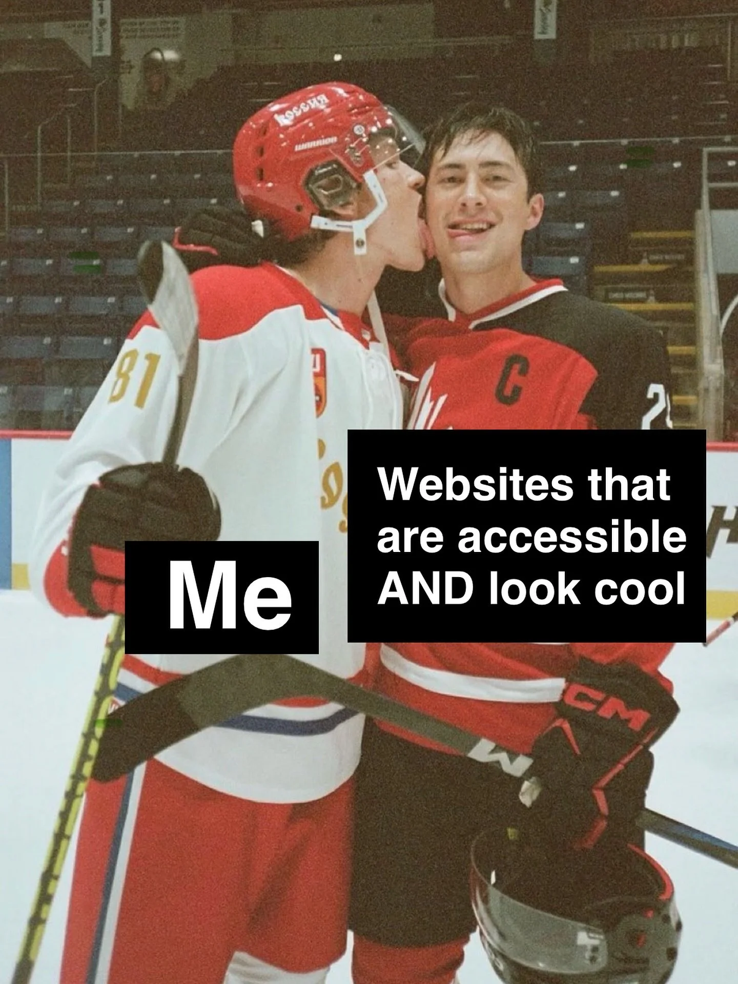 This is now a meme account. 🏒💓🥅💓

#QueerWebsites #QueerDesign #KindDesign #queerlogodesign 

Image description: screenshot of two hockey players standing side by side, the one on the left is licking the face of the one on the right who is smiling