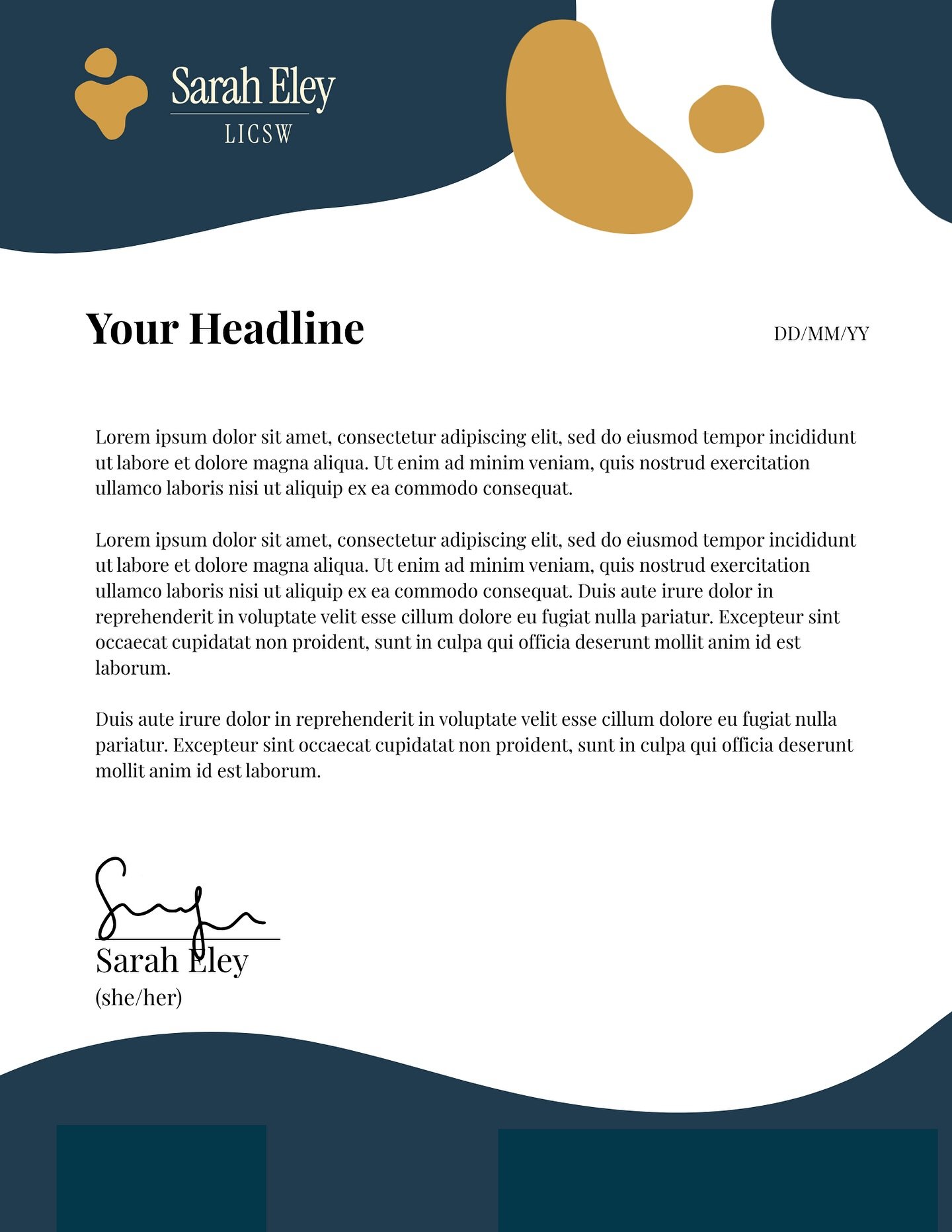 Feeling so honored to have designed letterhead for a therapist&rsquo;s GAS Support letters. Trans folks! We are magical. 🏳️&zwj;⚧️💘💫

Image description: a letterhead with dark azure and gold abstract shapes for therapist Sarah Eley