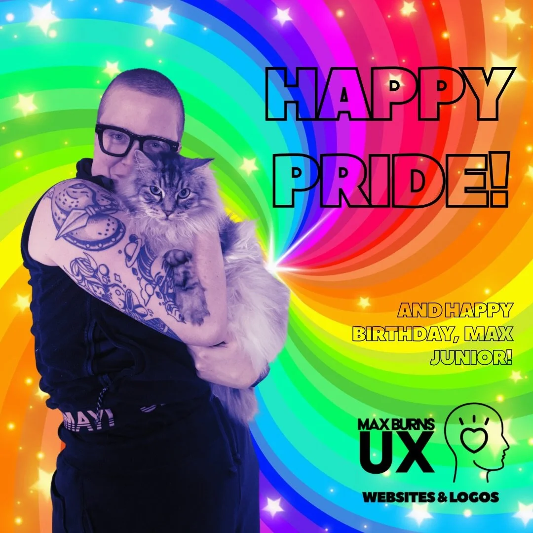 We&rsquo;ve got so much to celebrate! 🥳🤓

ID: white person in black sweats and sleeveless shirt with upper arm tattoos wearing black glasses holds and hugs close a fluffy silver cat with a sparkly rainbow swirl background. Text says, &ldquo;Happy P