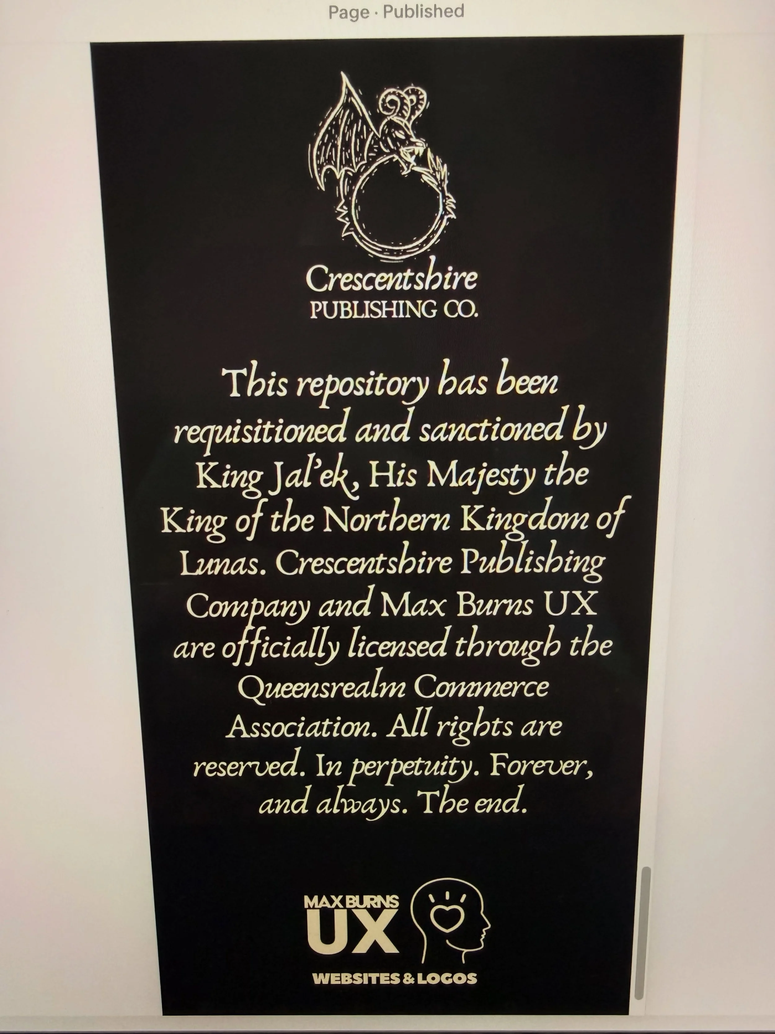 Dialing the whimsy all the way up over here!✨☝️✨

&bull;&bull;&bull;

Image description: dark background screenshot of website footer with Crescentshire Publishing Co. logo of dragon ouroborus linocut logo and max burns ux websites and logos logo wit
