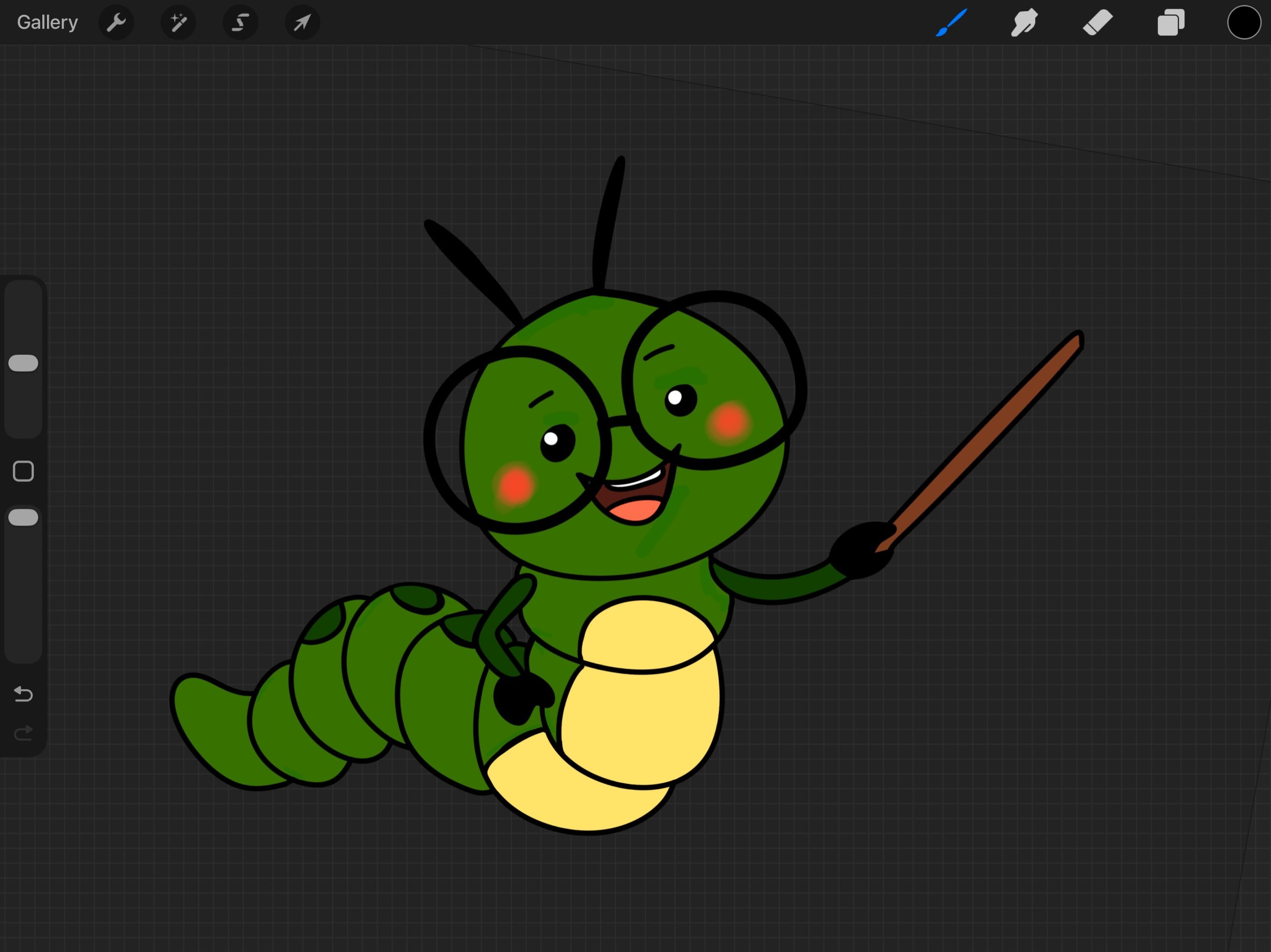 Absolutely love when my clients request custom weird little site elements! (They&rsquo;re perfect, right?) 

&bull;&bull;&bull;

Image description: procreate screen of a drawn green caterpillar with glasses and a teaching pointer