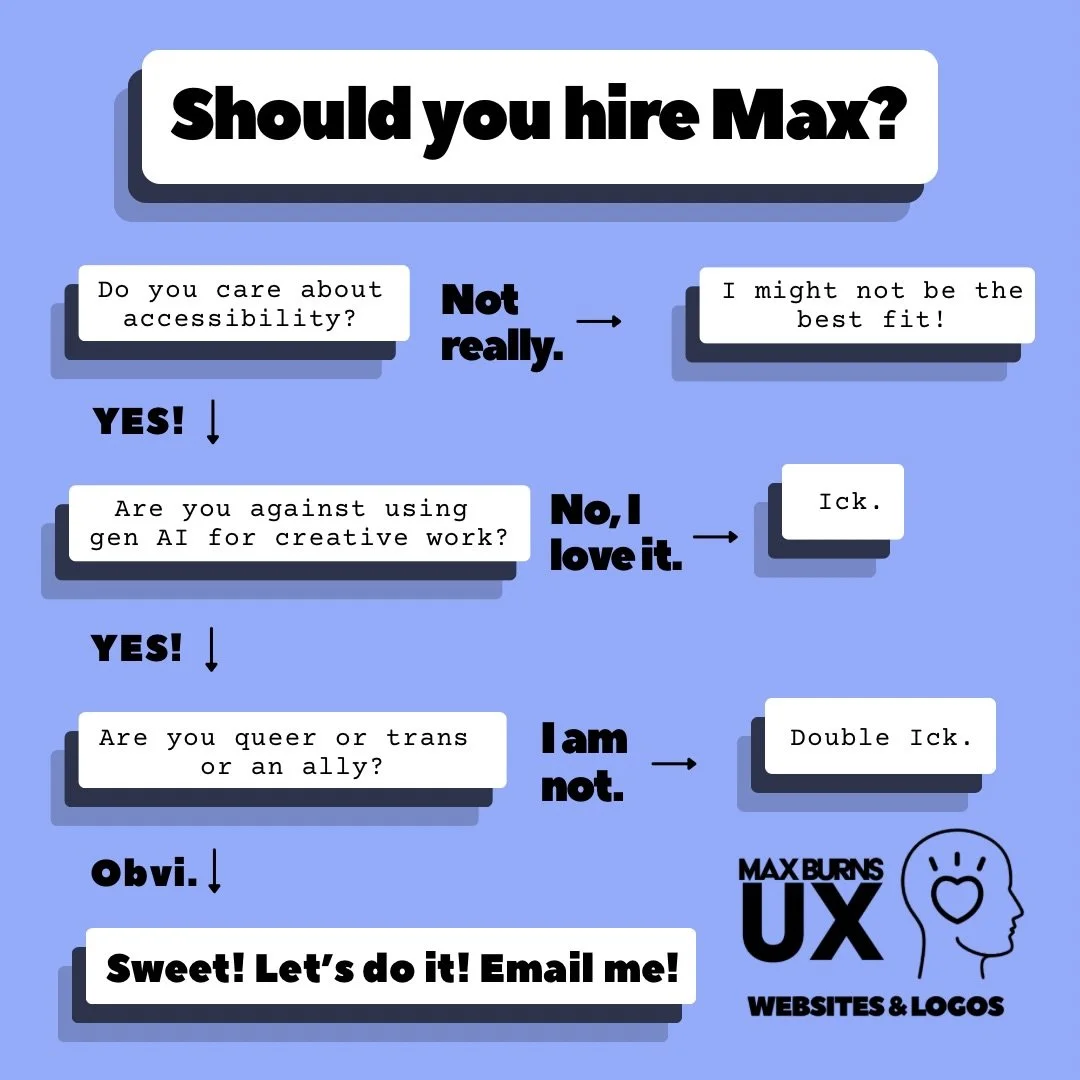 Take the test! Circle yes or no??? 🤓🏳️&zwj;⚧️💘🦽

#queerdesign #queerUX #kinddesign #queerwebdesigner 

&bull;&bull;&bull;

Image description: Slide 1: light blue background with white bubbles encompassing text in a flow chart. Text reads: &ldquo;