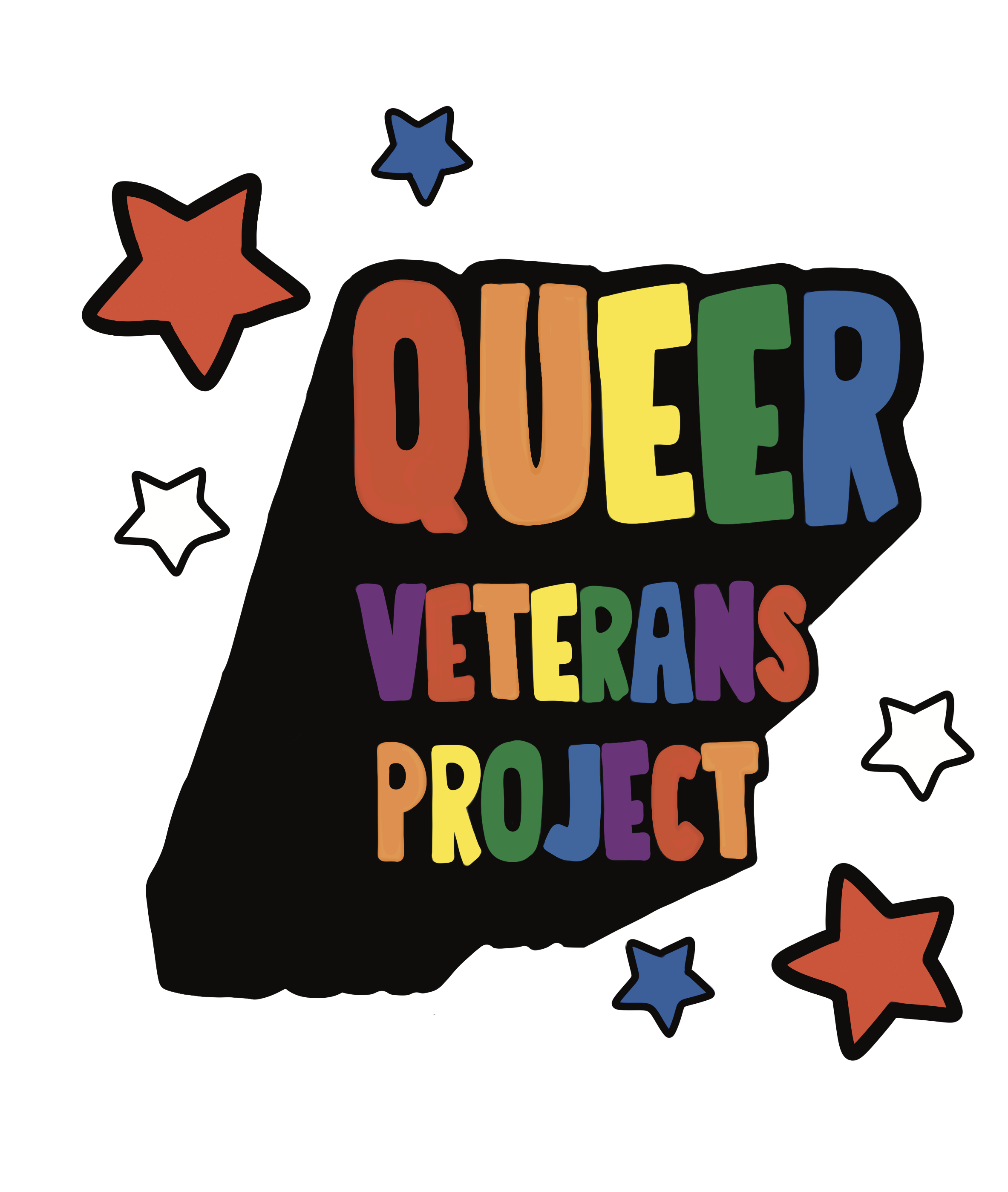 queer veterans project logo- rainbow letters with starts on top left and bottom right corner 