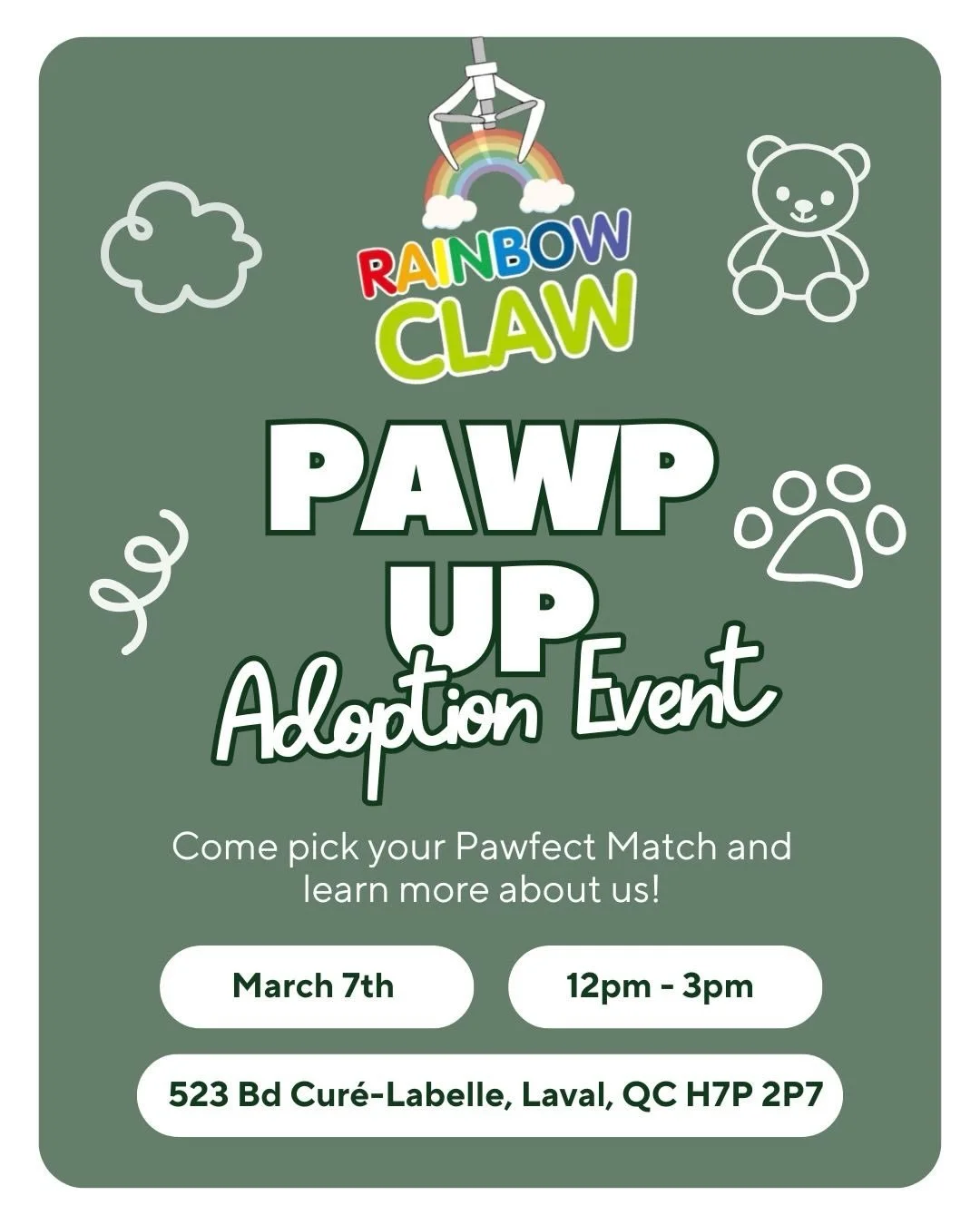 @rainbowclawlaval 
Join us for our PAWP UP Adoption event! ✨🧸
Looking for your Pawfect Match? Come see us and meet some of our adoptable pups! Every dog deserves a chance💗 

Meet Picasso and Bella onsite or make a Meet &amp; Greet appointment with 