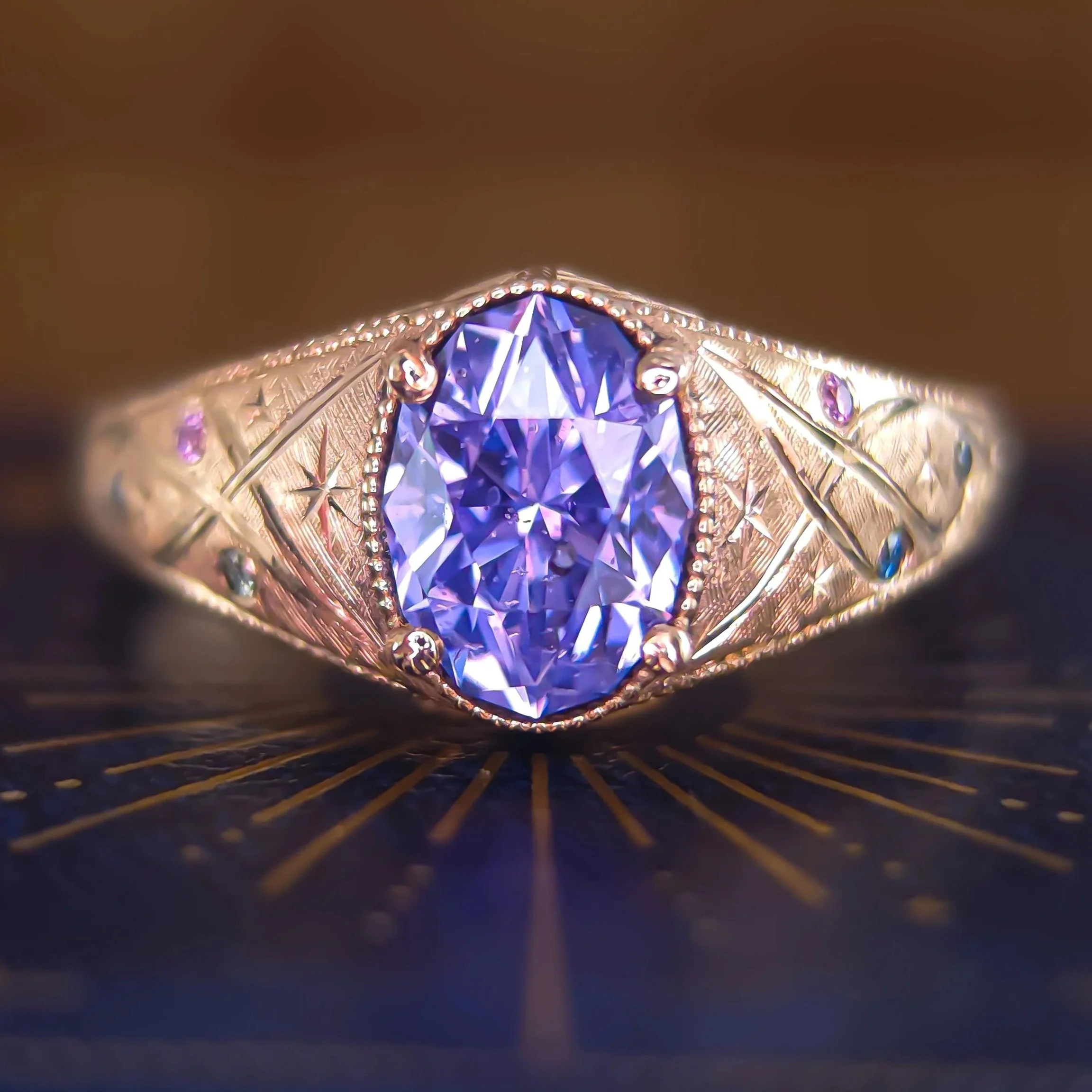 1.8ct Unheated Natural Lavender Sapphire - Celestial 14kt Gold Hand Engraved Ring - Size 6.5