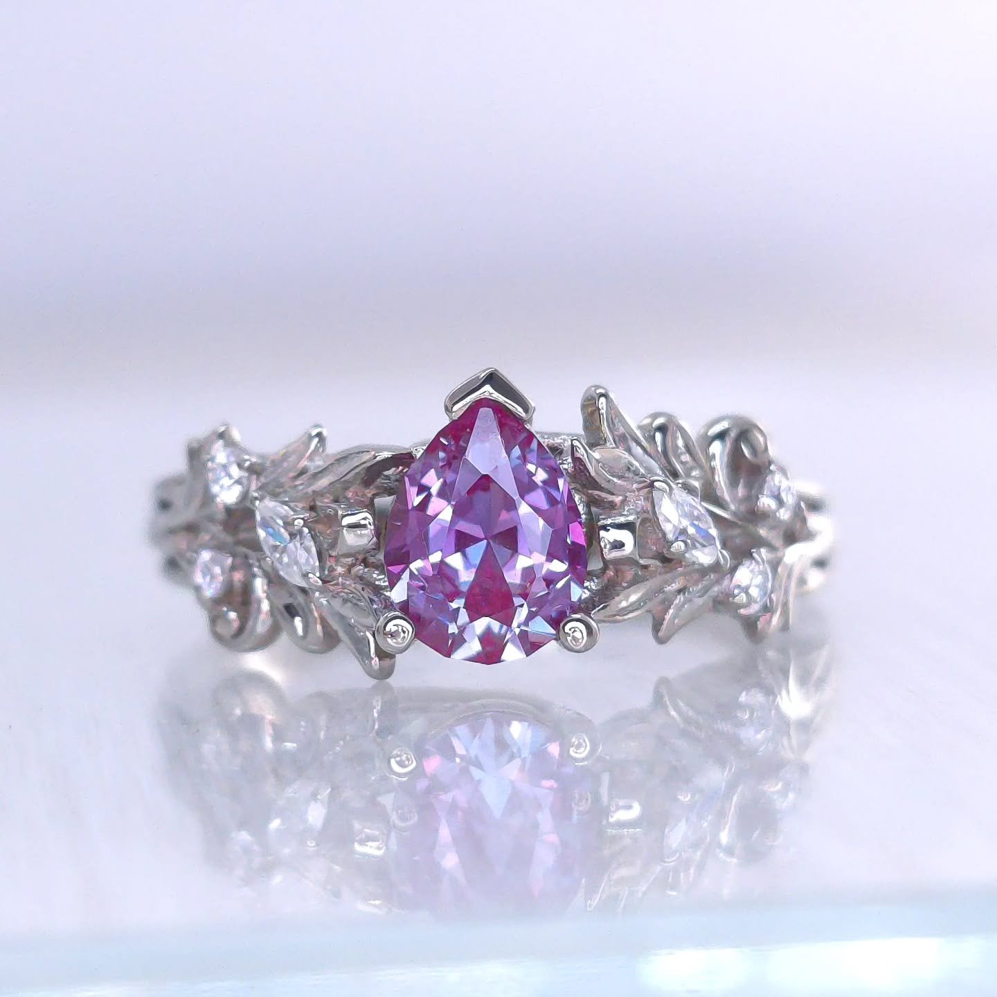 Sharing work 🌿🍃✨ This gorgeous ring was a commission for a new client in my Asymmetrical Leaf Ring, which is part of my Flora Collection. 14kt solid white gold with a lightly saturated Czochralski Alexandrite pear has lovely lab diamond accent ston