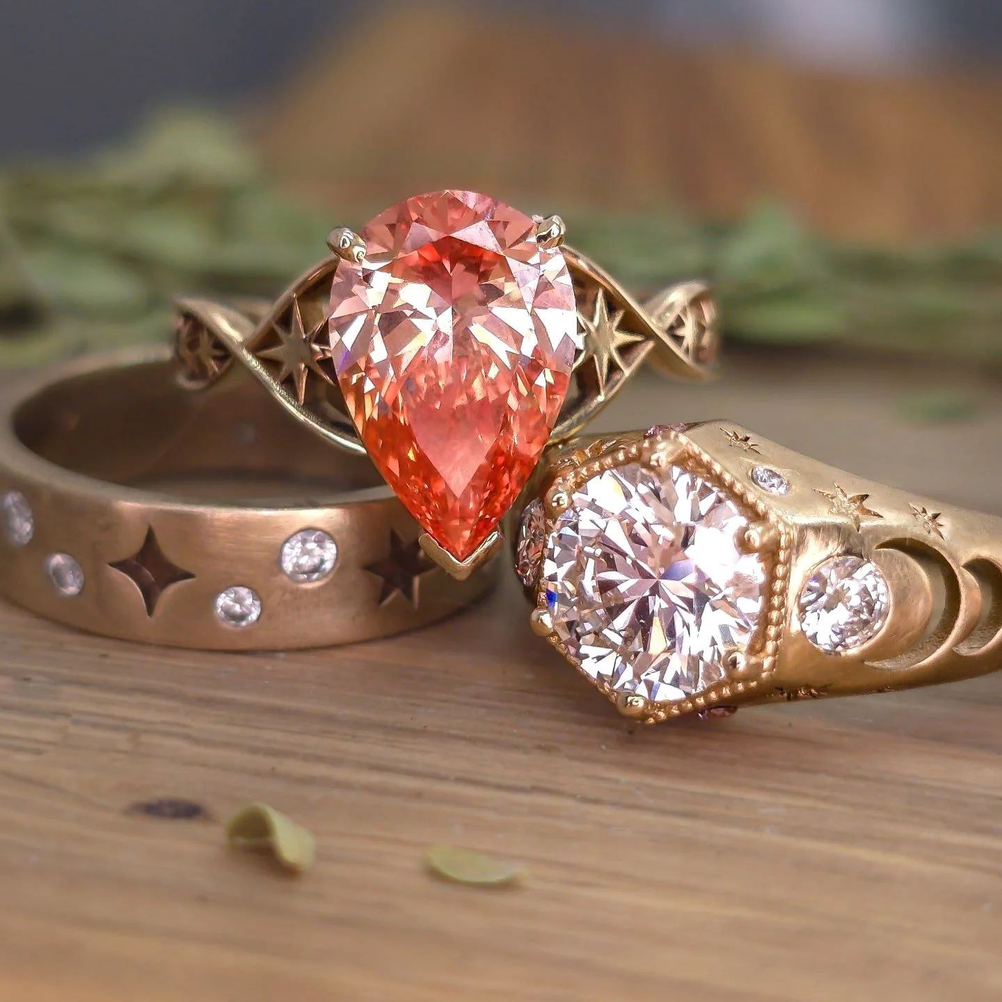 Discover my Celestial Collection, where stars meet jewelry ✨. A matte gold band with diamond accents and star inlays makes a statement. My Twisted Star Band can feature any gemstone and is crafted for comfort. For a vintage look, my Moon Phase Cut Ou