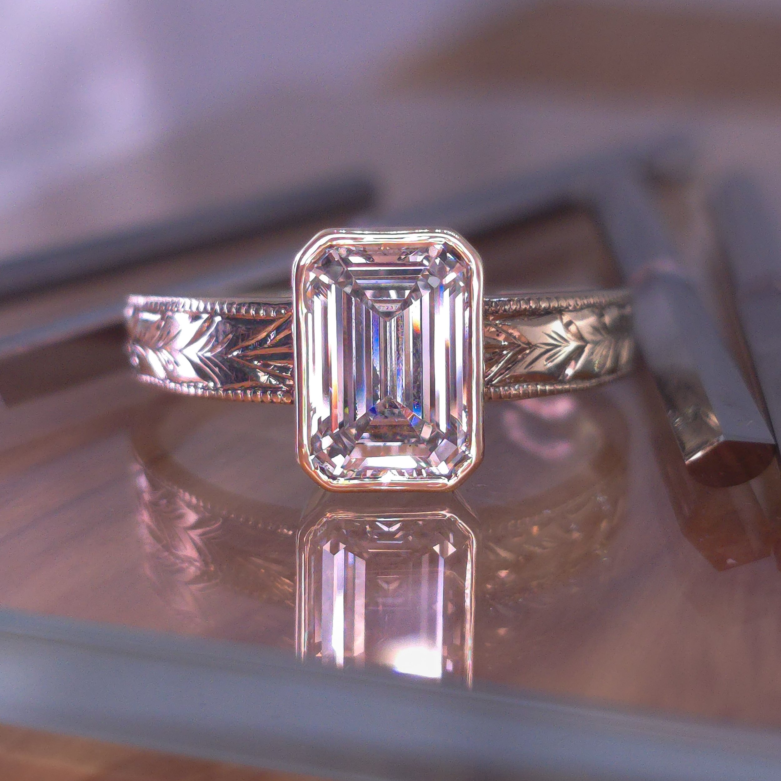 Lab Diamond 2ct Hand Engraved Leaf Ring