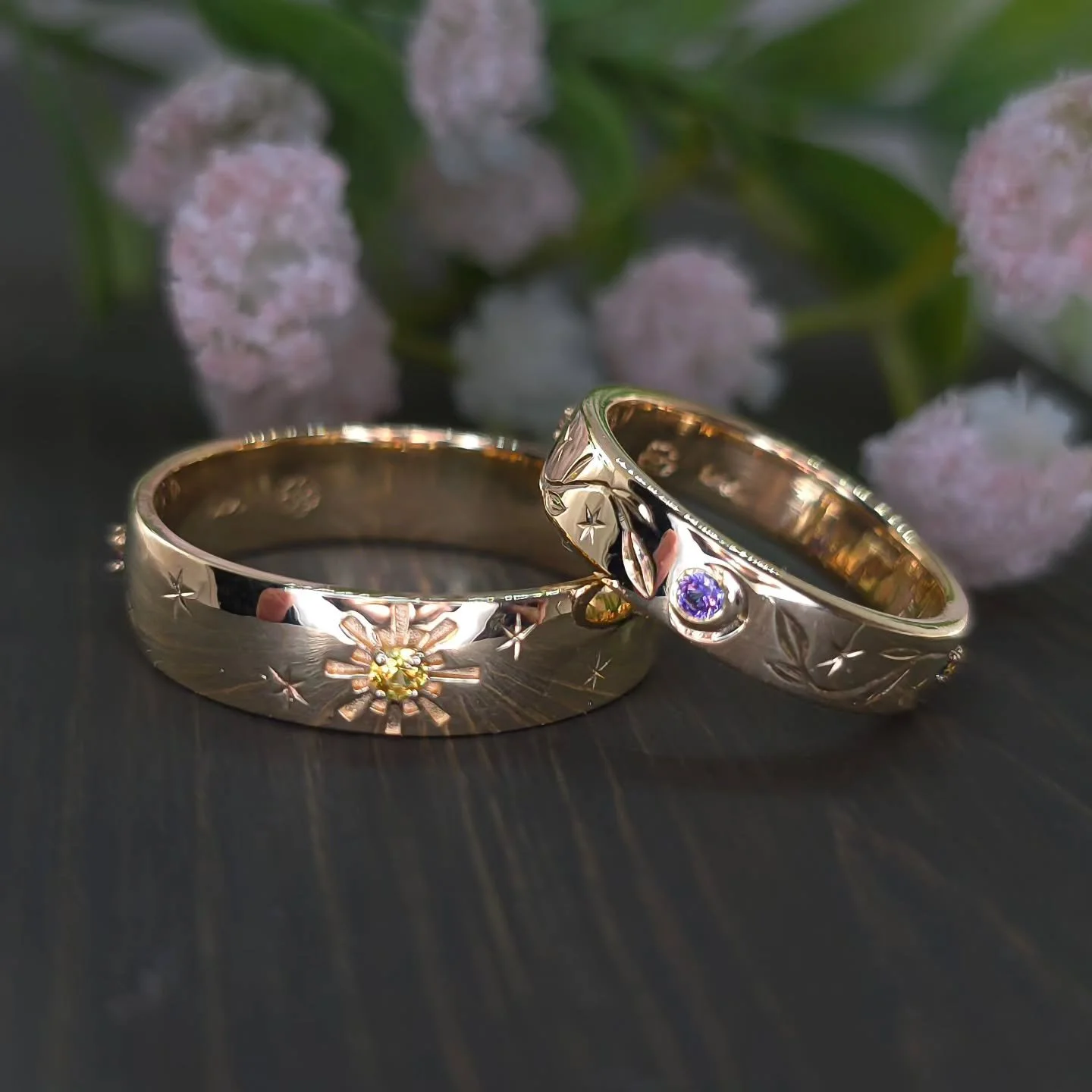 A custom wedding band project ✨ A lovely return client came with his fiance to create special rings. She wanted a celestial theme to contrast her floral engagement ring, while matching her partner's ring with opposing symbolism. Both rings are 14kt y