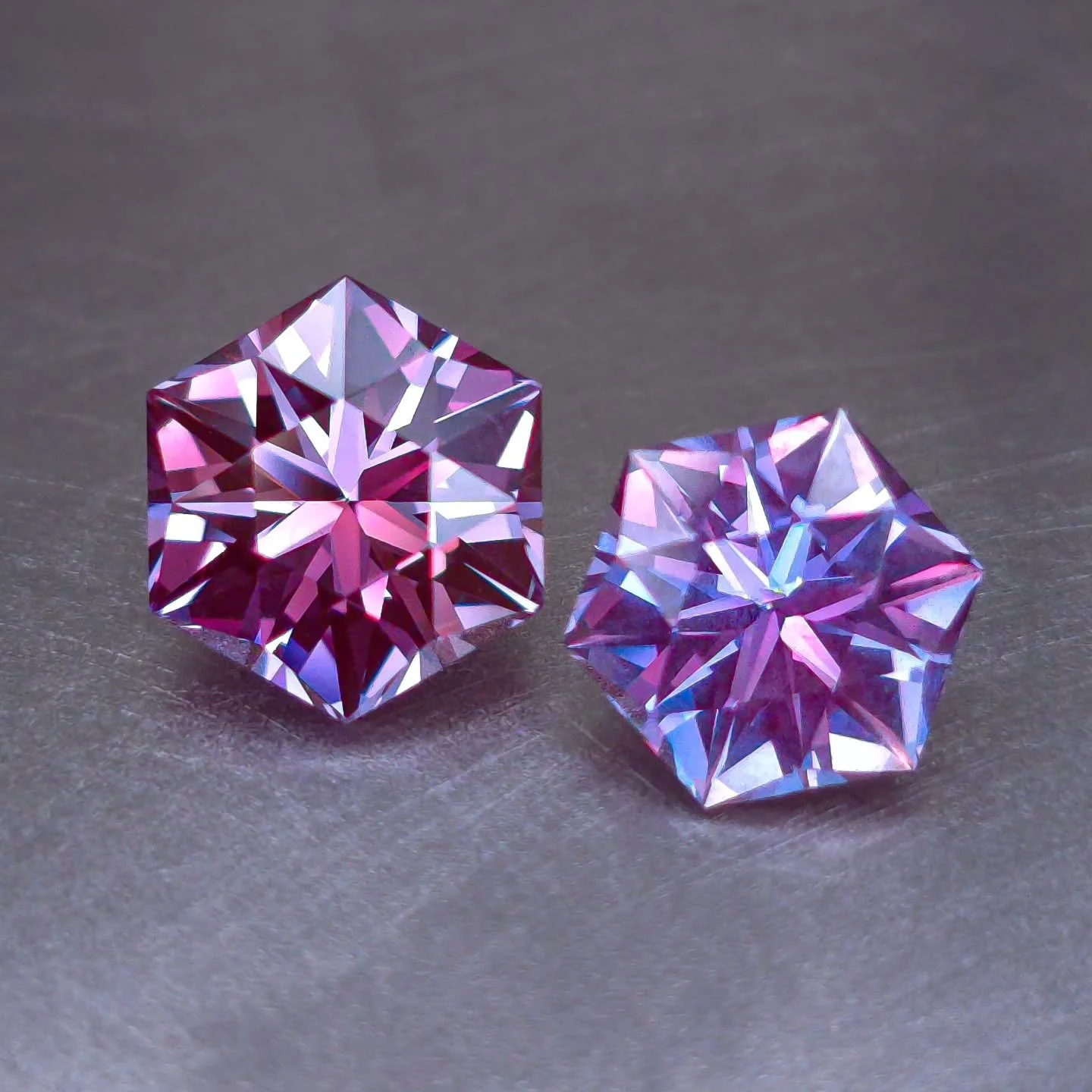 Available! ✨ 8.3mm and 7.6mm Czochralski Alexandrite, both are lighter saturations and cut in Marco Voltolinis beautiful design Fritillaria (modified). Very sparkly and lots of lovely teal flash (shown as blurple). I love Hexagon designs and I love a