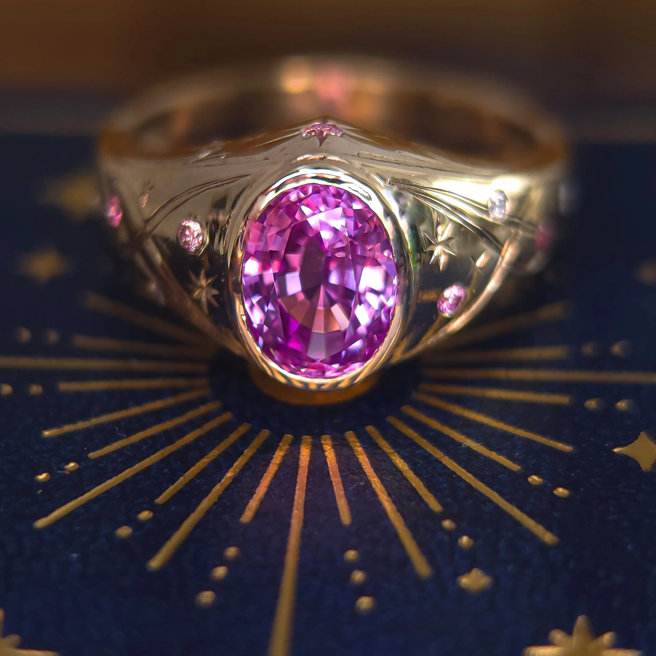 2.1 ct Natural Madagascar Pink Sapphire - 14kt Gold Hand Engraved Star + Swirls Ring with Diamond accents
