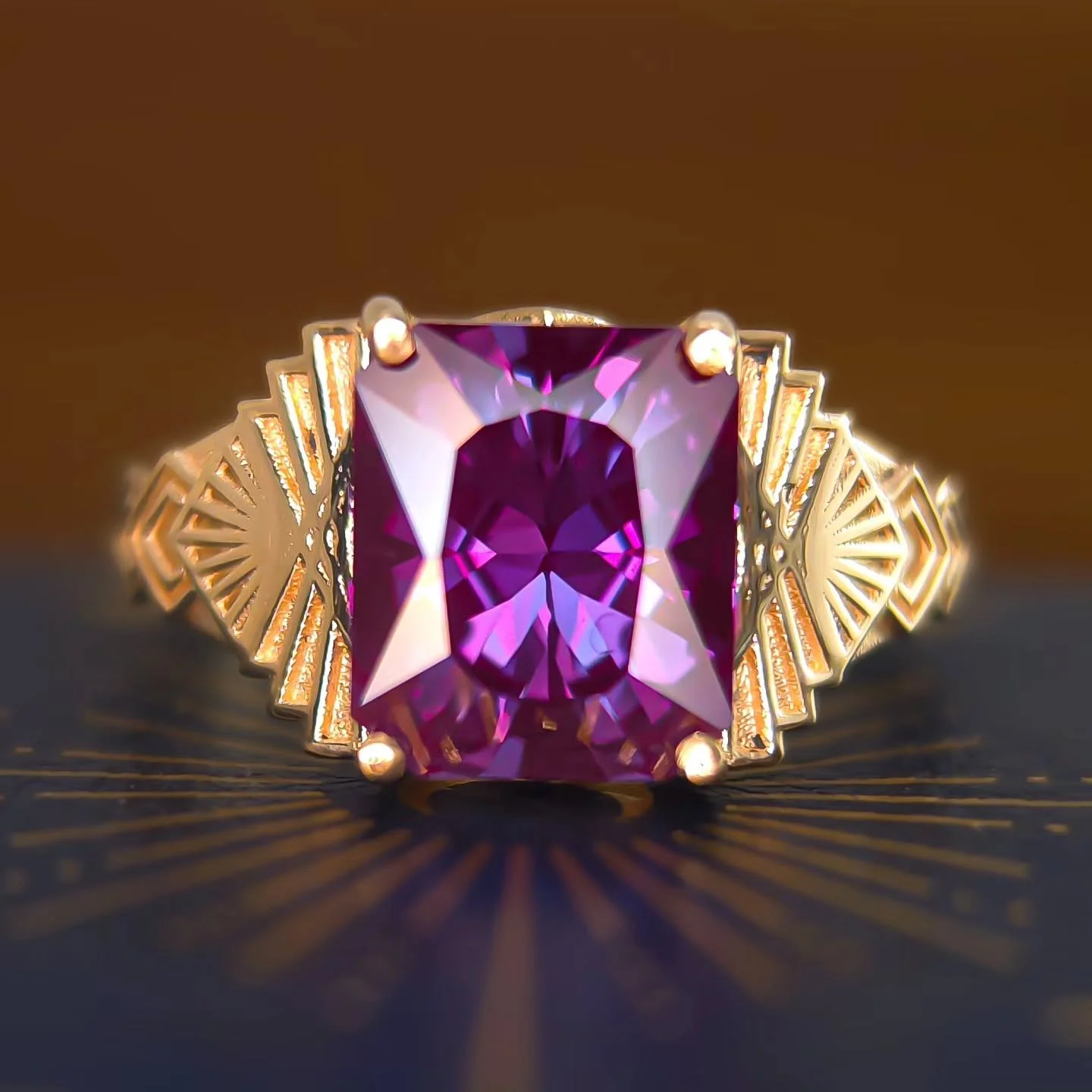 This fantastically detailed ring is part of my Art Deco Collection and available anytime with your choice of gemstone. This particular piece was made in 14kt gold with a darker saturated Czochralski Alexandrite cut by me. I am always so delighted whe