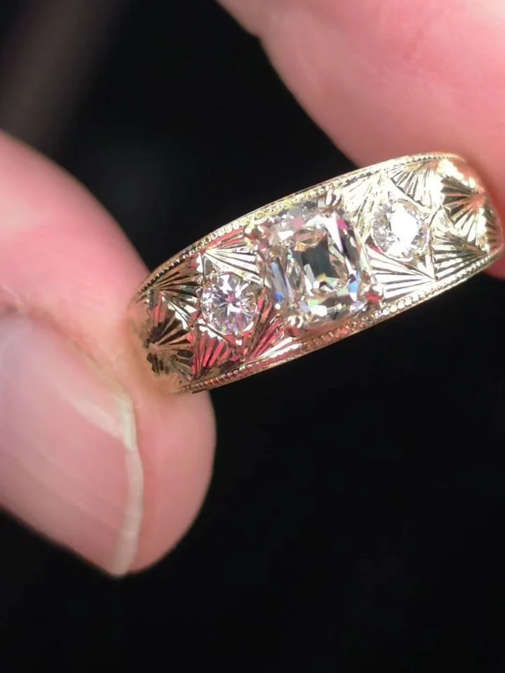 My grandest engraved piece yet, and my first offering of a Natural Diamond - GIA Certified. This gorgeous 1ct K colored natural diamond is set in 14kt solid gold, completely adorned with hand engraving. This took me the entire weekend, painstakingly 