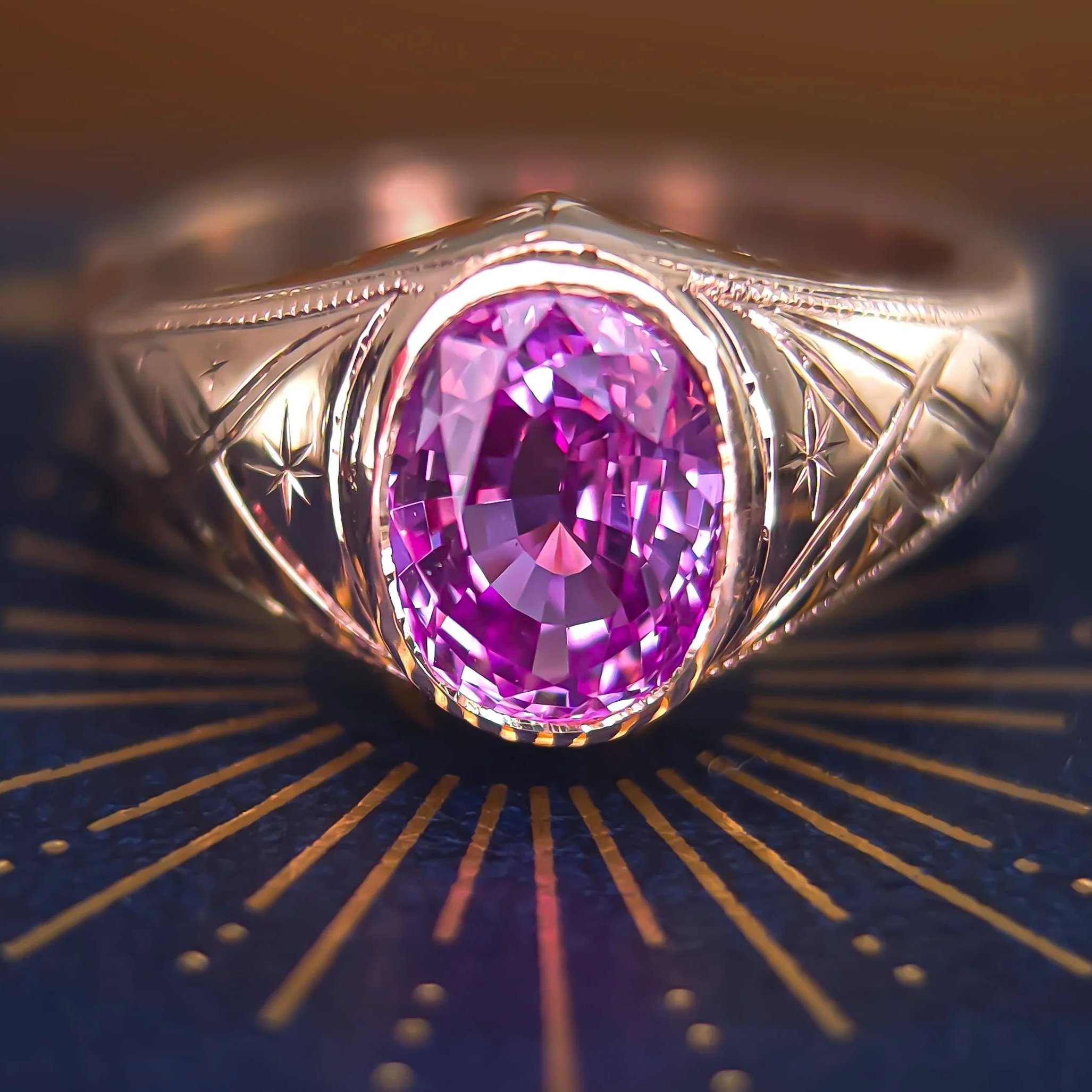 2.1 ct Natural Madagascar Pink Sapphire - 14kt Gold Hand Engraved Star + Swirls Ring