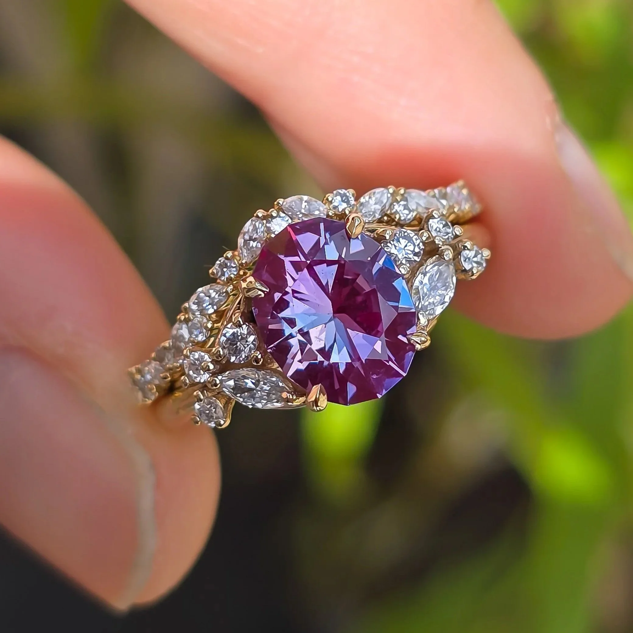 Bridal Set - 9mm Czochralski Alexandrite oval in 14kt gold Lab Diamond Accents + Band