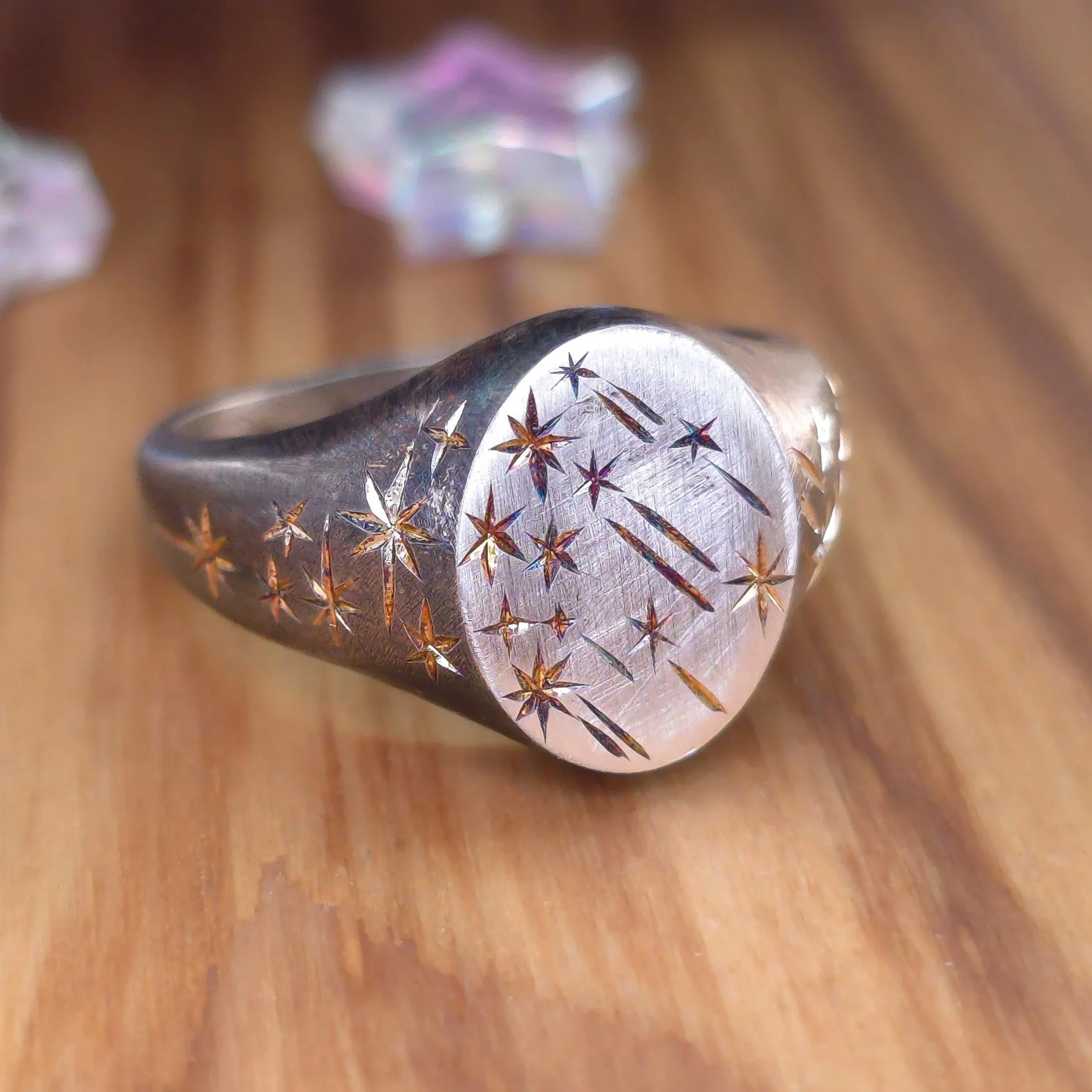 Silver Star Engraved Signet Ring - Size 7