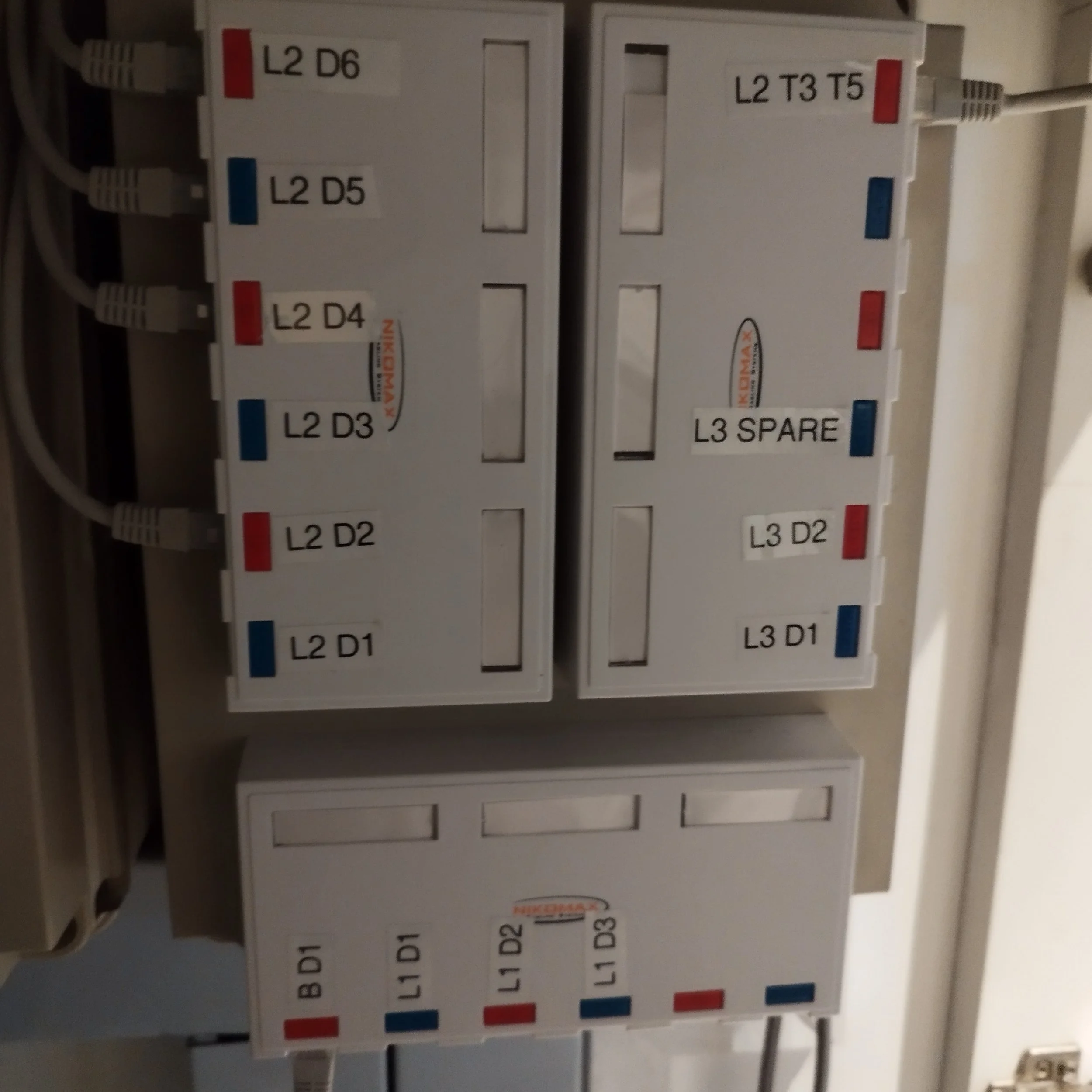 Electrical panel with labeled circuit breakers and wires.