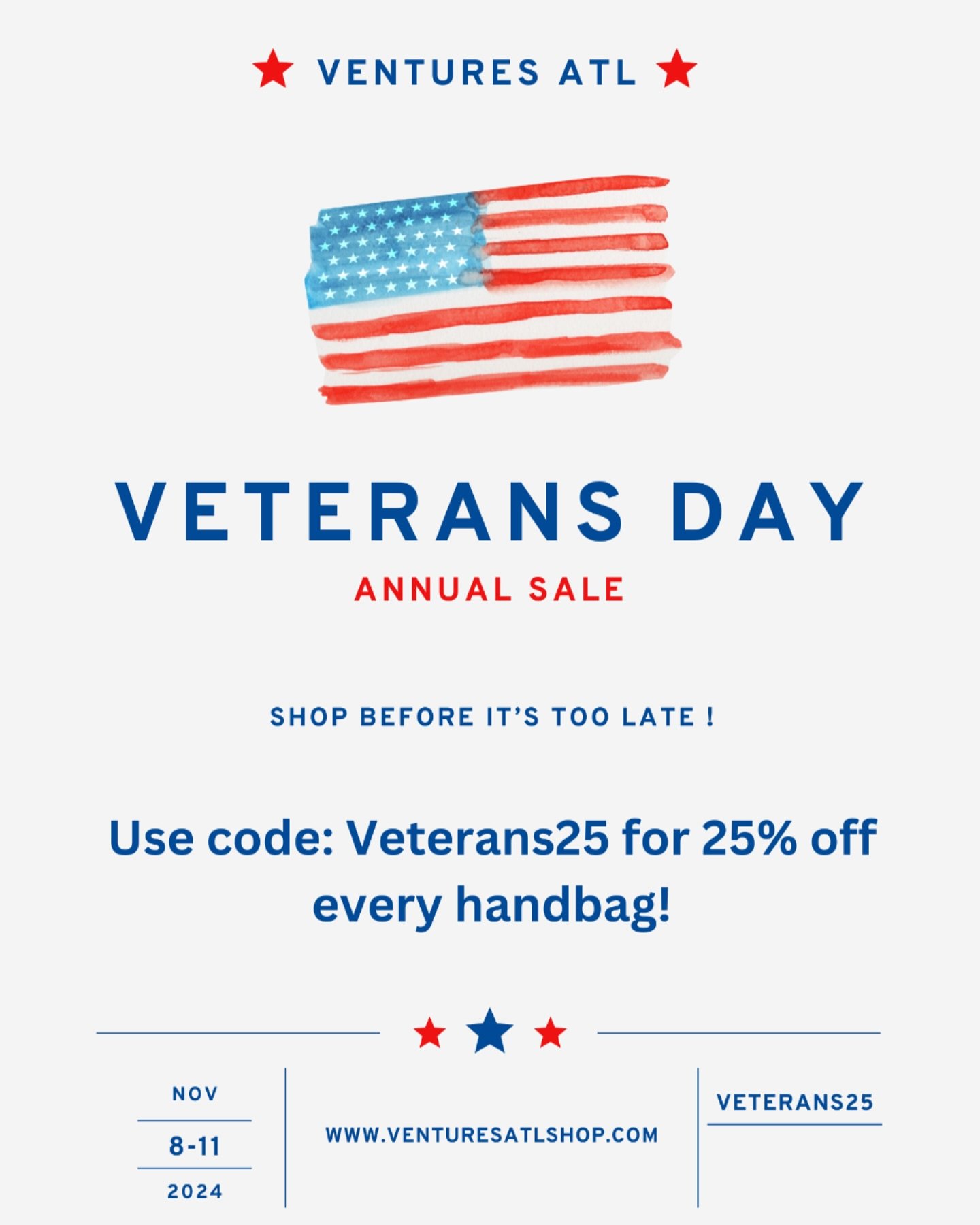 🇺🇸 Happy Veterans Day ! 🇺🇸 Today is your last day to use our exclusive discount code: Veterans25 for 25% off your handbag order for any product in our collection! Hurry and save before time runs out!⏰