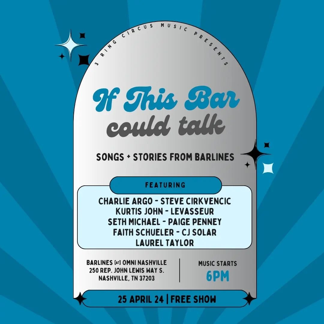 Join us at @barlinesnashville in the @omninashville 
Thursday April 25th for an evening of songs + stories 
Music starts at 6pm

Follow our performers: 
@charlieargomusic 
@stevecirkvencic 
@thelastgoodnightofficial 
@crlwrites 
@sethmichaelofficial 
