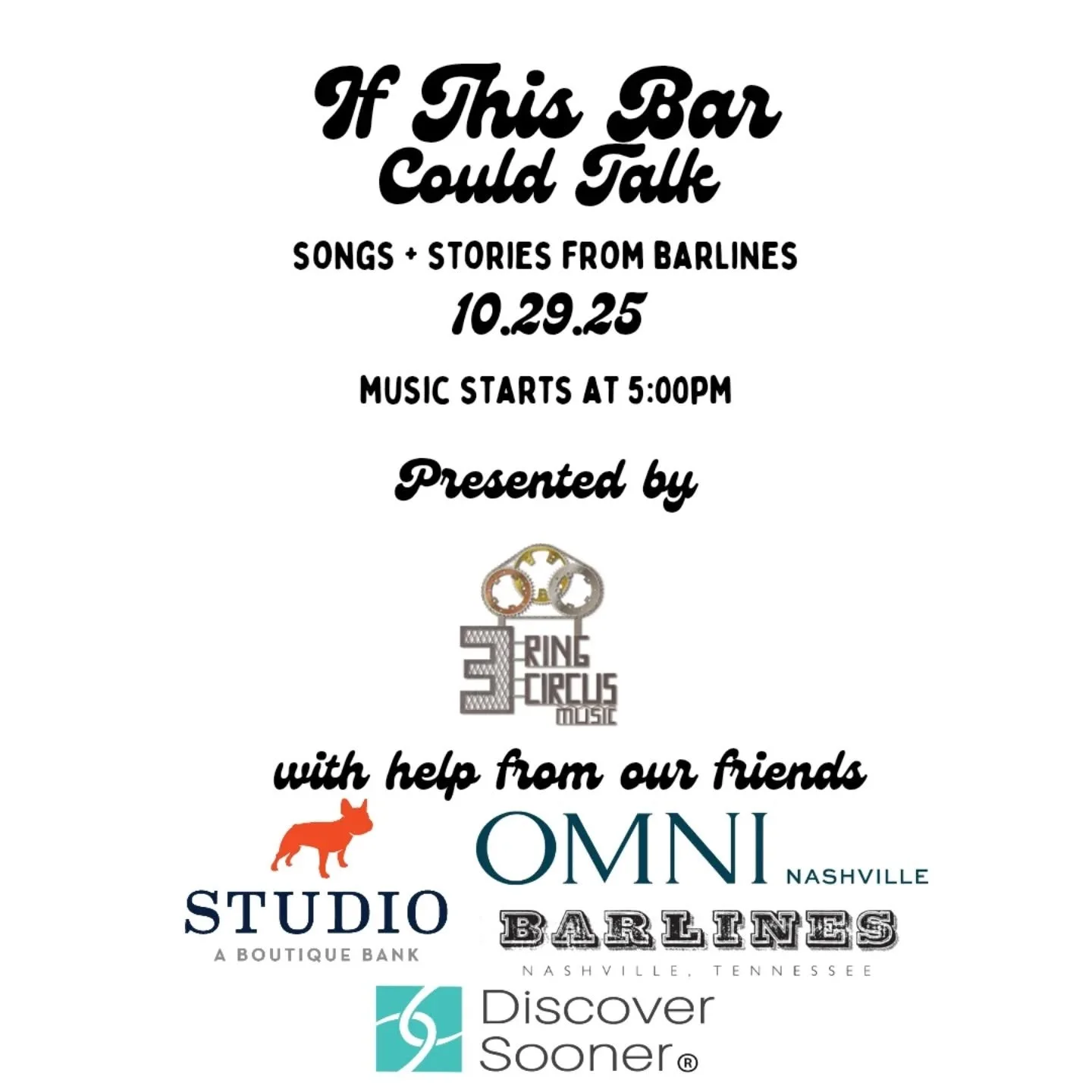 Get ready for a great night of music! 

We're back at BARLINES in the OMNI NASHVILLE Wednesday OCTOBER 29TH! 🎪

Music starts at 5PM with some of our friends at @discoversooner are kicking off the night ⚡

Huge thanks to 
@omninashville 
@barlinesnas