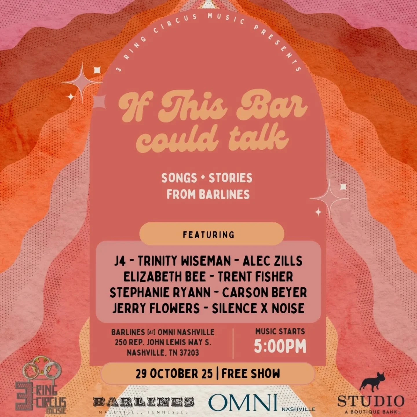 We're back at BARLINES in the OMNI NASHVILLE this Wednesday (10/29) for an incredible night of music! 
Music starts at 5PM with the first round is curated by our friends at @discoversooner
See you there!!!
Thanks to 
@barlinesnashville 
@omninashv