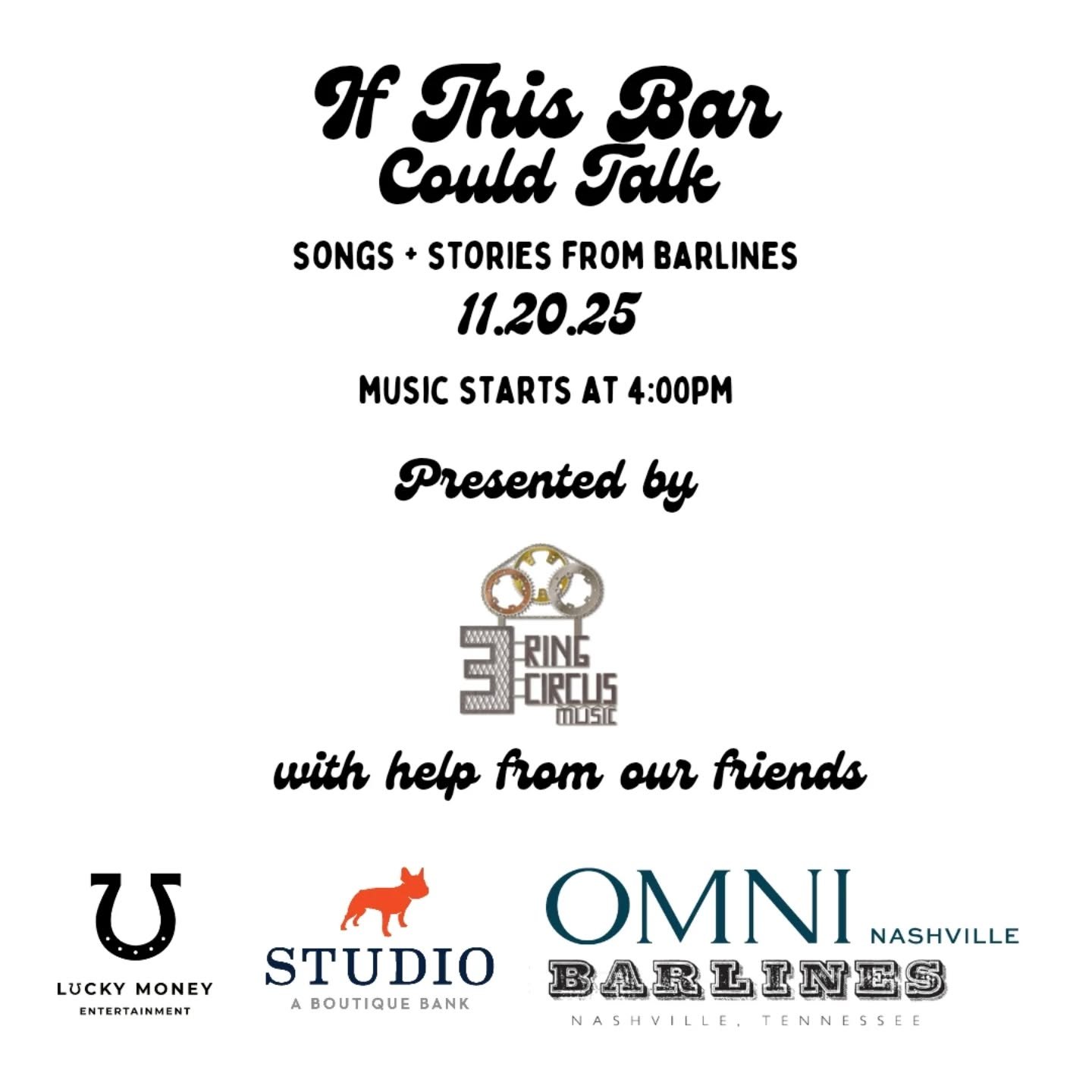 Save The Date friends! We'll be back at BARLINES in the OMNI NASHVILLE Thursday November 20th. 

We're excited to partner with our friends at @luckymoneyentertainment x @luckymoneylive for the November show! Music starts at 4PM 🎪

Thanks to our part