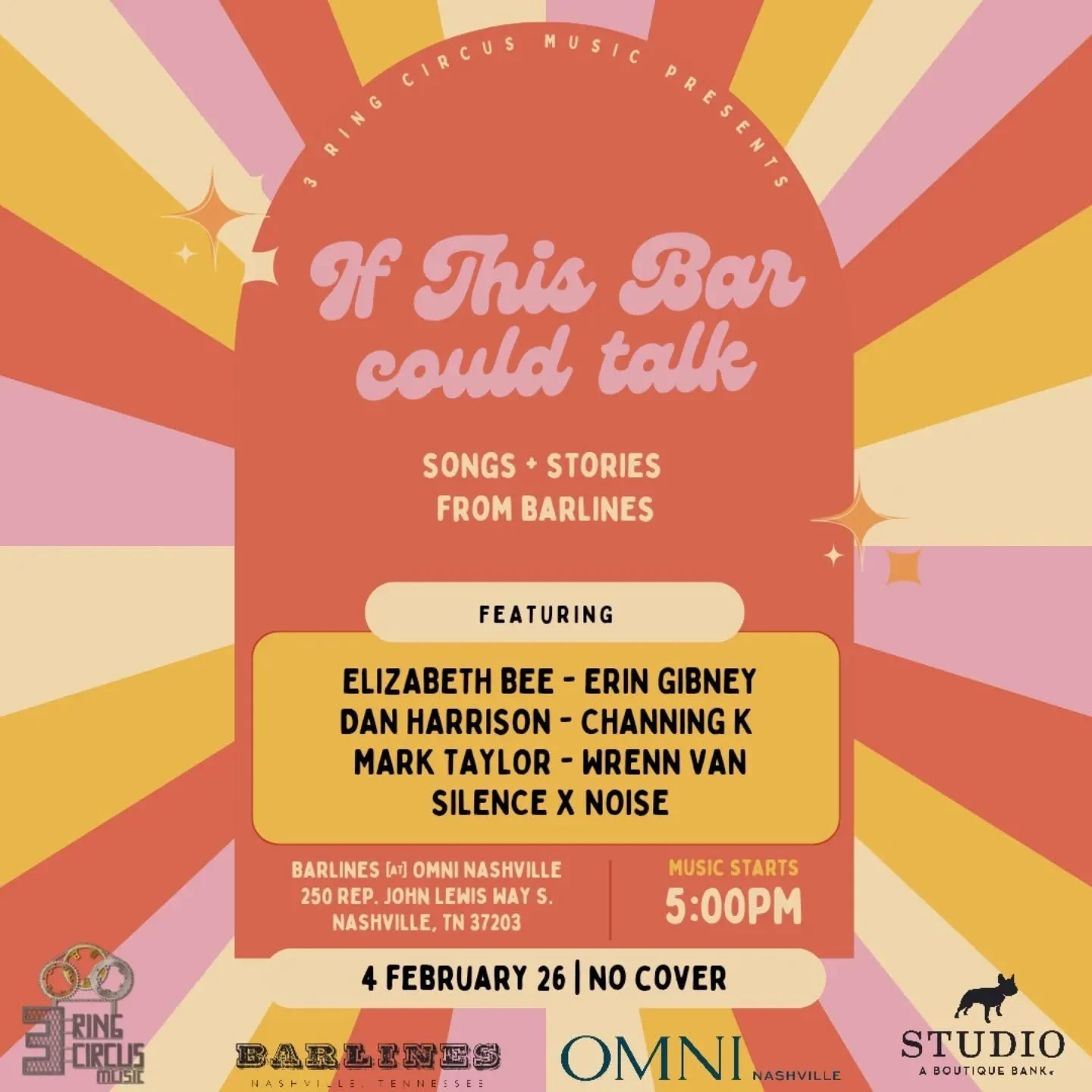 First Barlines show of 2026 🎪

Come hang with us this Wednesday (Feb 4th) for our favorite night of the month at @barlinesnashville in the @omninashville 

Music starts at 5p // no cover // great music // good vibes