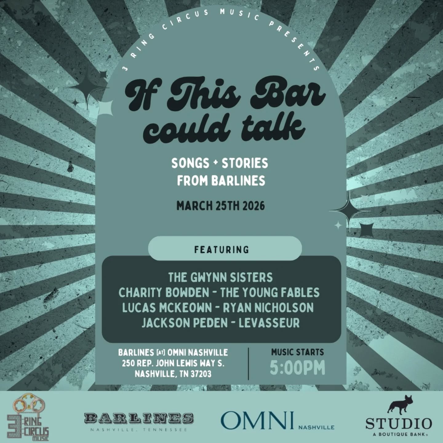 Another month of songs + stories at BARLINES in the OMNI NASHVILLE. Join us this Wednesday. 

Music starts at 5p 🎪

Brought to you by 
@3rcmusic 
@omninashville 
@studiobankofficial