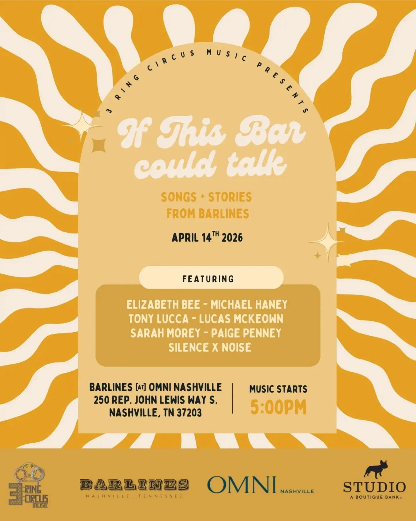 Hey friends! Catch us back at BARLINES in the OMNI NASHVILLE Hotel Tuesday April 14th 🎪 

Great music. Great vibes. 

Show starts at 5pm

Thanks to 
@studiobankofficial
@omninashville 
@barlinesnashville