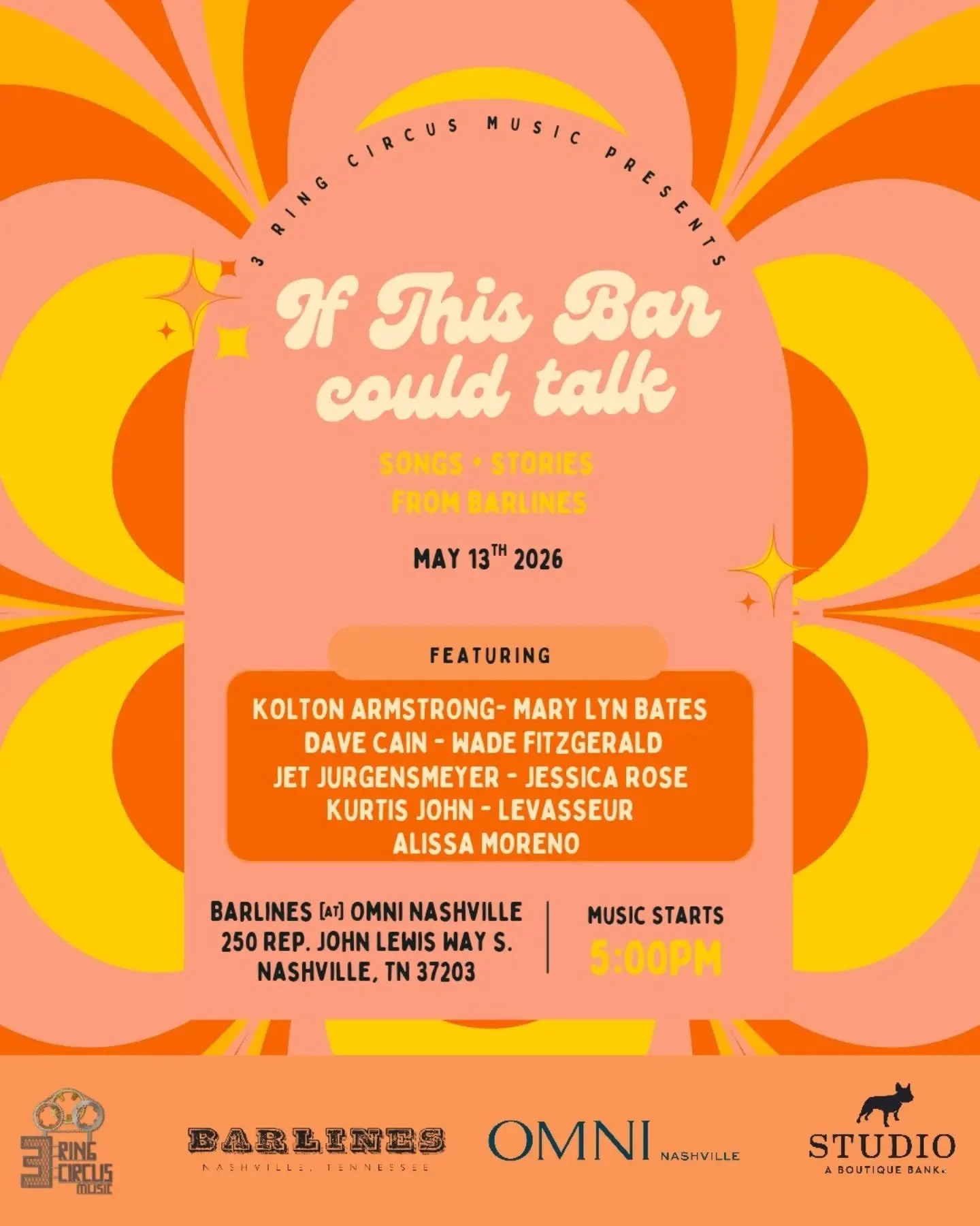 This Wednesday we're bringing you an awesome lineup of Songwriters + Artists to BARLINES in the OMNI NASHVILLE 

Music starts at 5p 🎪 see you there! 

@barlinesnashville 
@omninashville 
@studiobankofficial