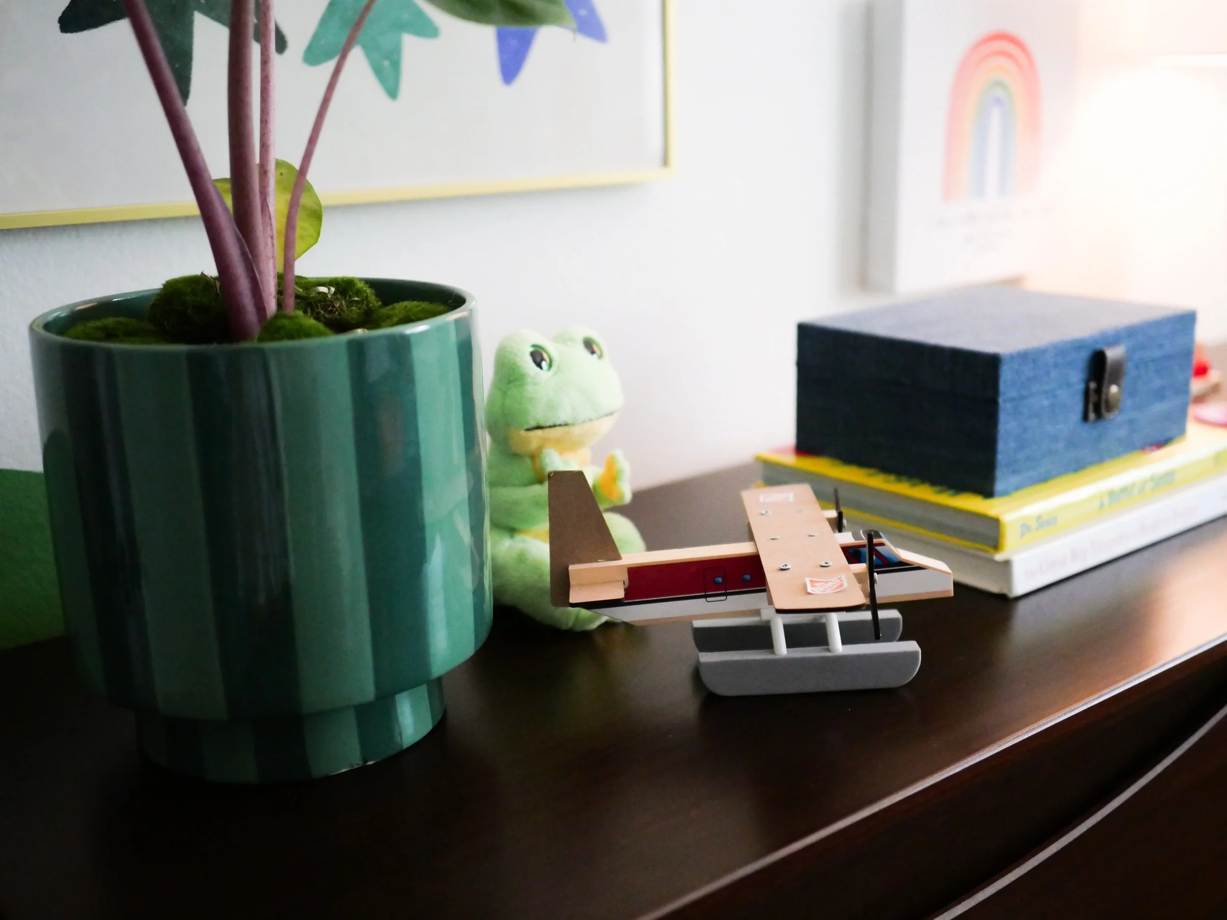 Colorful interior vignette with a green planter, books and playful decorative accessories.