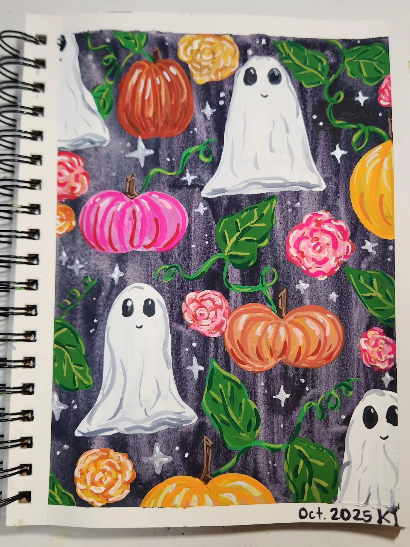 Thought the background was gonna ruin the painting but ended up being my favorite part 💁🏼&zwj;♀️🤦🏼&zwj;♀️🎃👻
.
.
.
.
.
.
.
#inktober #ghosty #pumpkin #fallpaintings #favoriteartspreads #goauche #sketchbooktour #sketchbook #halloween #halloweenar