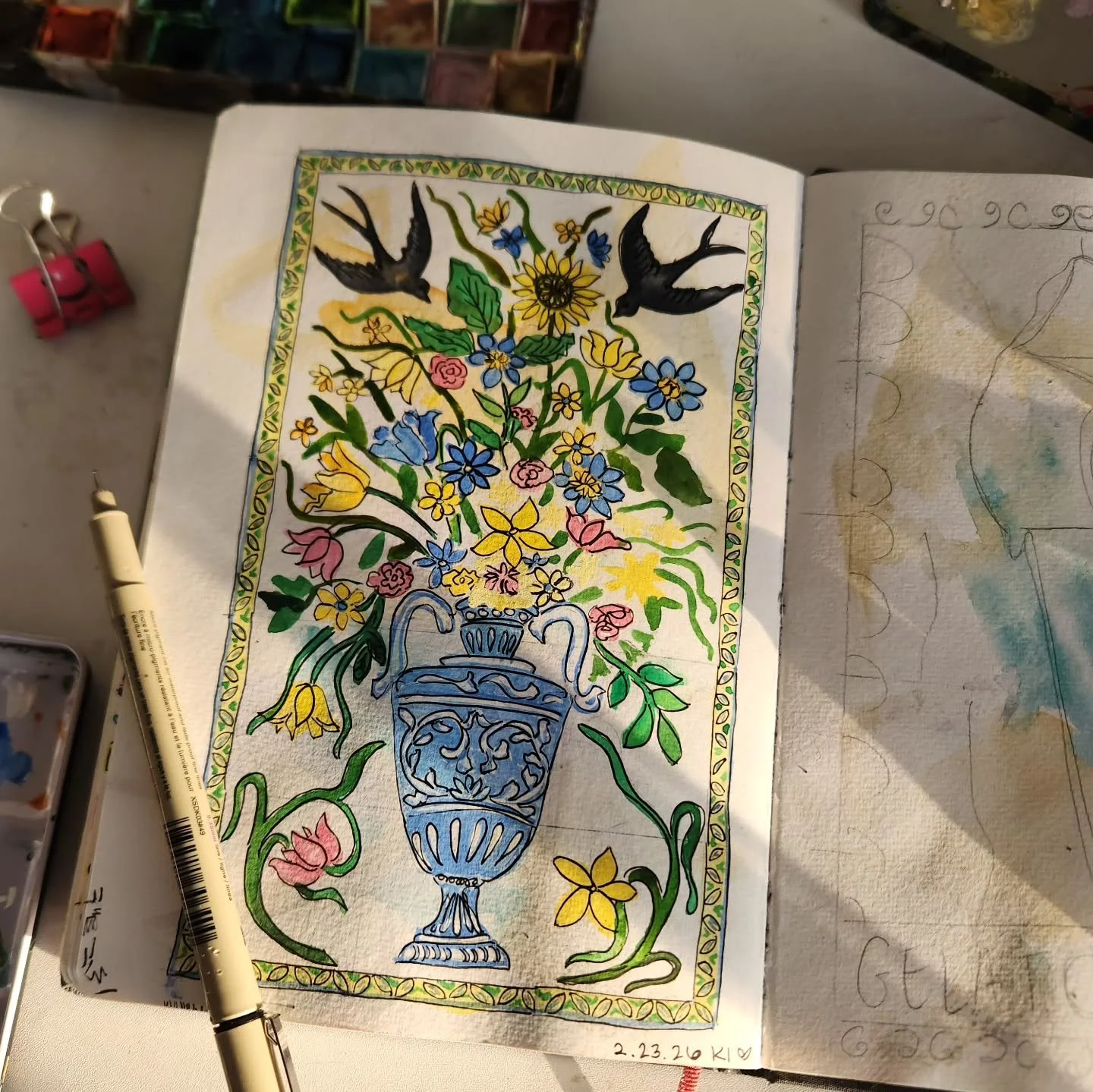 Adding some finishing touches in this afternoon sun 🌞 😎
.
.
.
.
.
.
.
#watercolorsketchbook  #sketchbook #flowersinvase #italytravel  #sicily