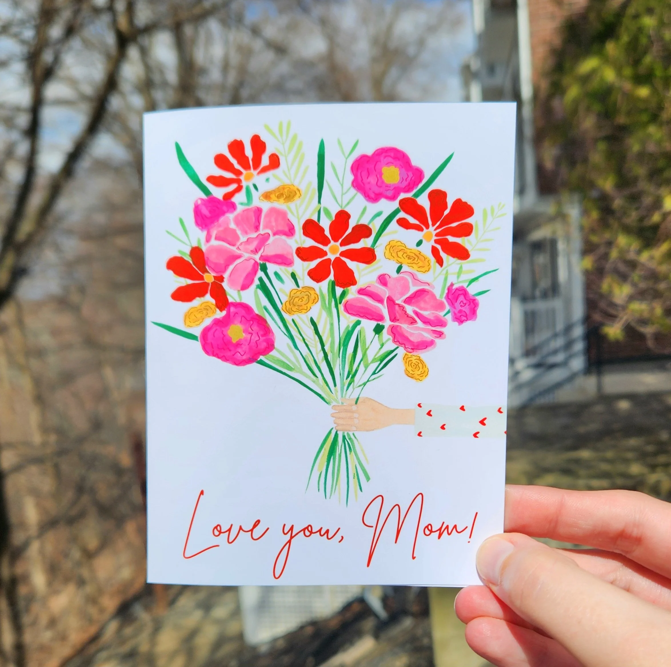 Love you Mom watercolor card handmade mother's day card floral flower bouquet mothers birthday