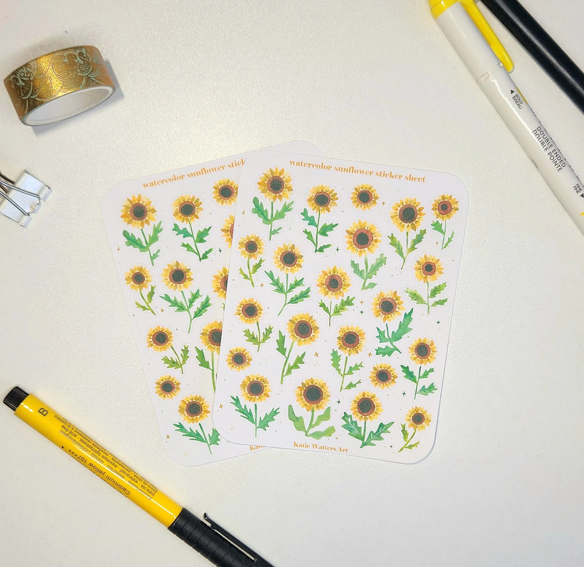 sunflower sticker sheets, watercolor flower stickers pack, painted floral stickers for planner journal