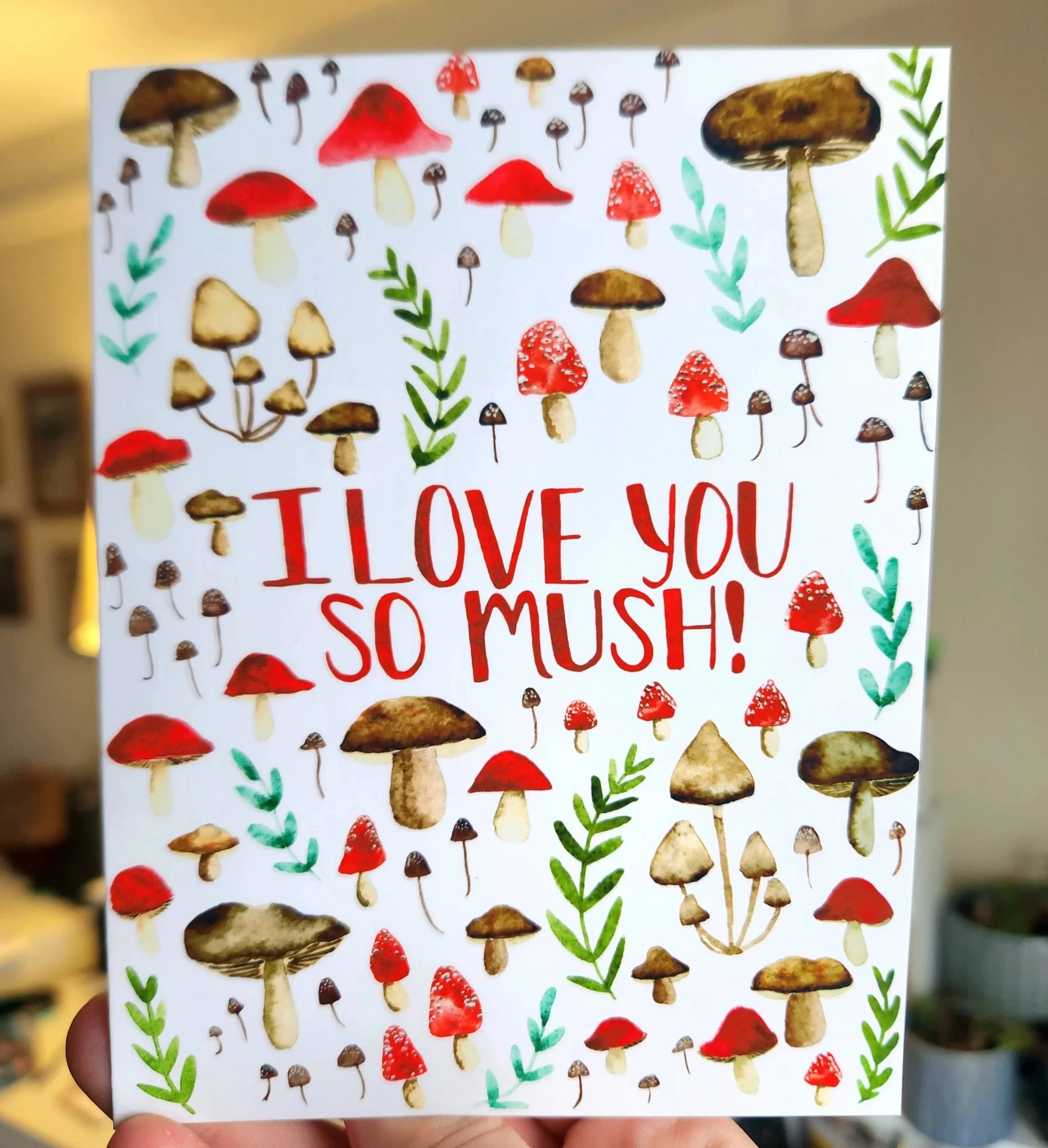 I Love You So Mush Card: Watercolor Mushroom Valentine