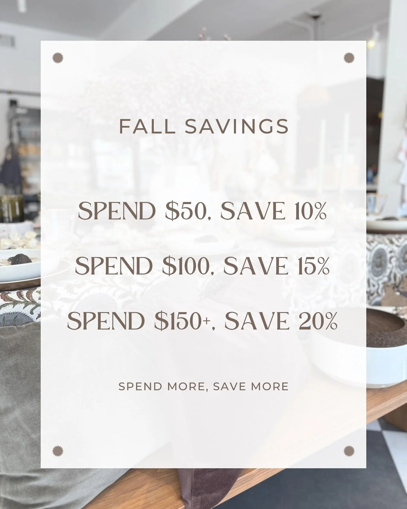 Fall into savings! The more you shop, the more you save &mdash; cozy up with our fall favourites and enjoy up to 20% off your purchase! 🍁🍂🏷️🛍️