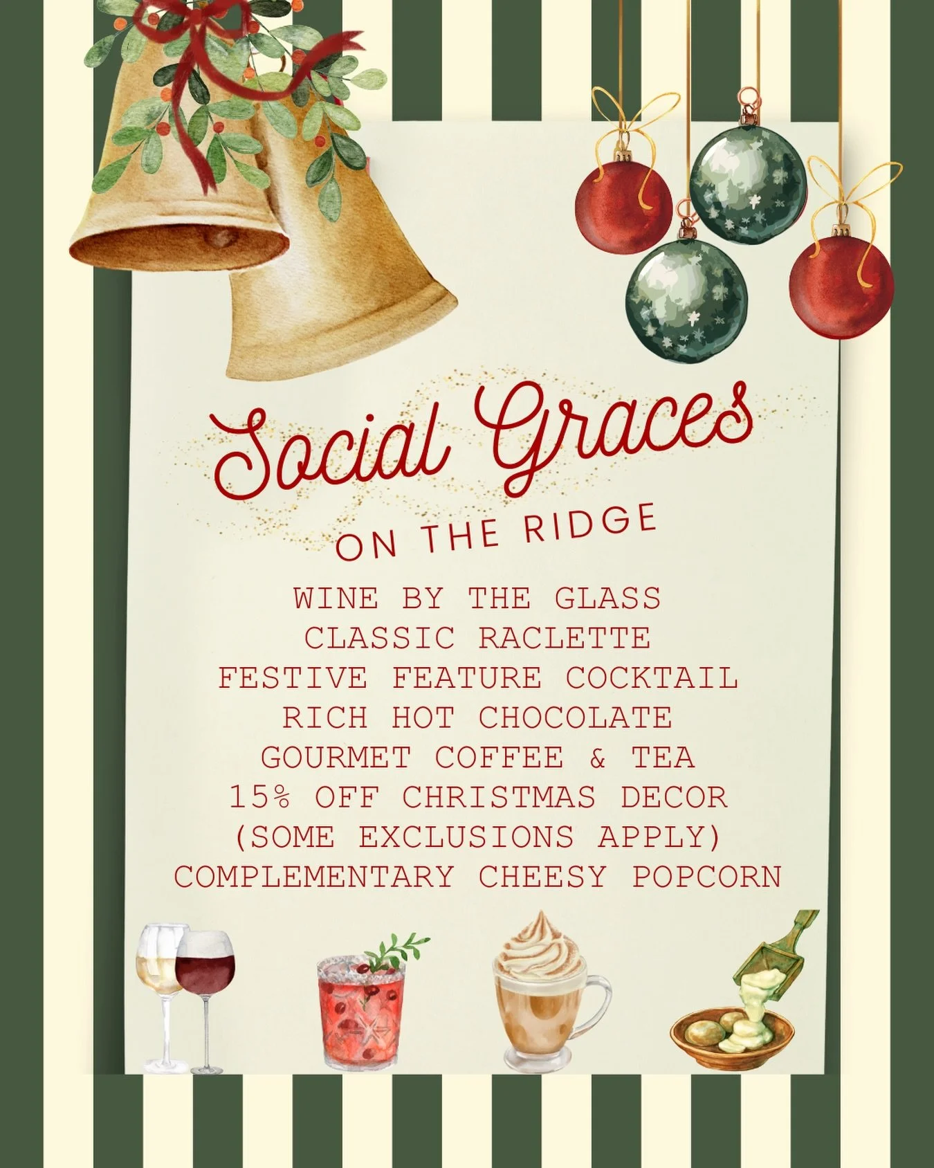 🎄🎅🏼✨Tomorrow evening for Christmas on the Ridge: 

We&rsquo;re open all day and then from 5&ndash;8pm the holiday treats roll out &mdash; wine by the glass, classic raclette, a festive cocktail feature, rich hot chocolate, gourmet coffee &amp; tea