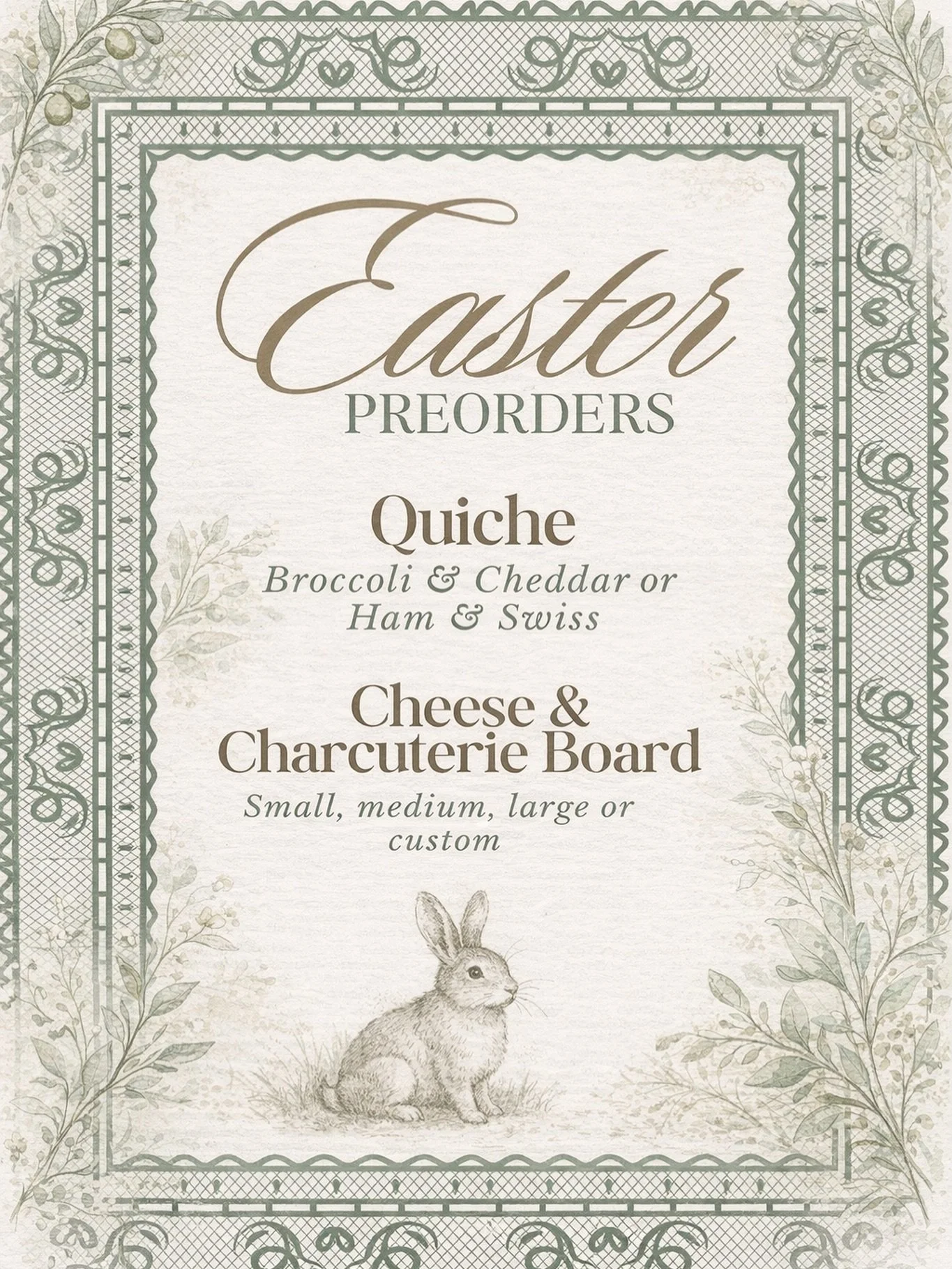 Hosting for Easter? We&rsquo;ve got you 🤍🐇

Let us take care of the grazing (and the quiche) ☑️

Pre-order your Easter boards + quiches now through Monday, March 30 🌷

🔔👀Then keep your eyes out&hellip;

We&rsquo;ll have a limited drop of yummy d