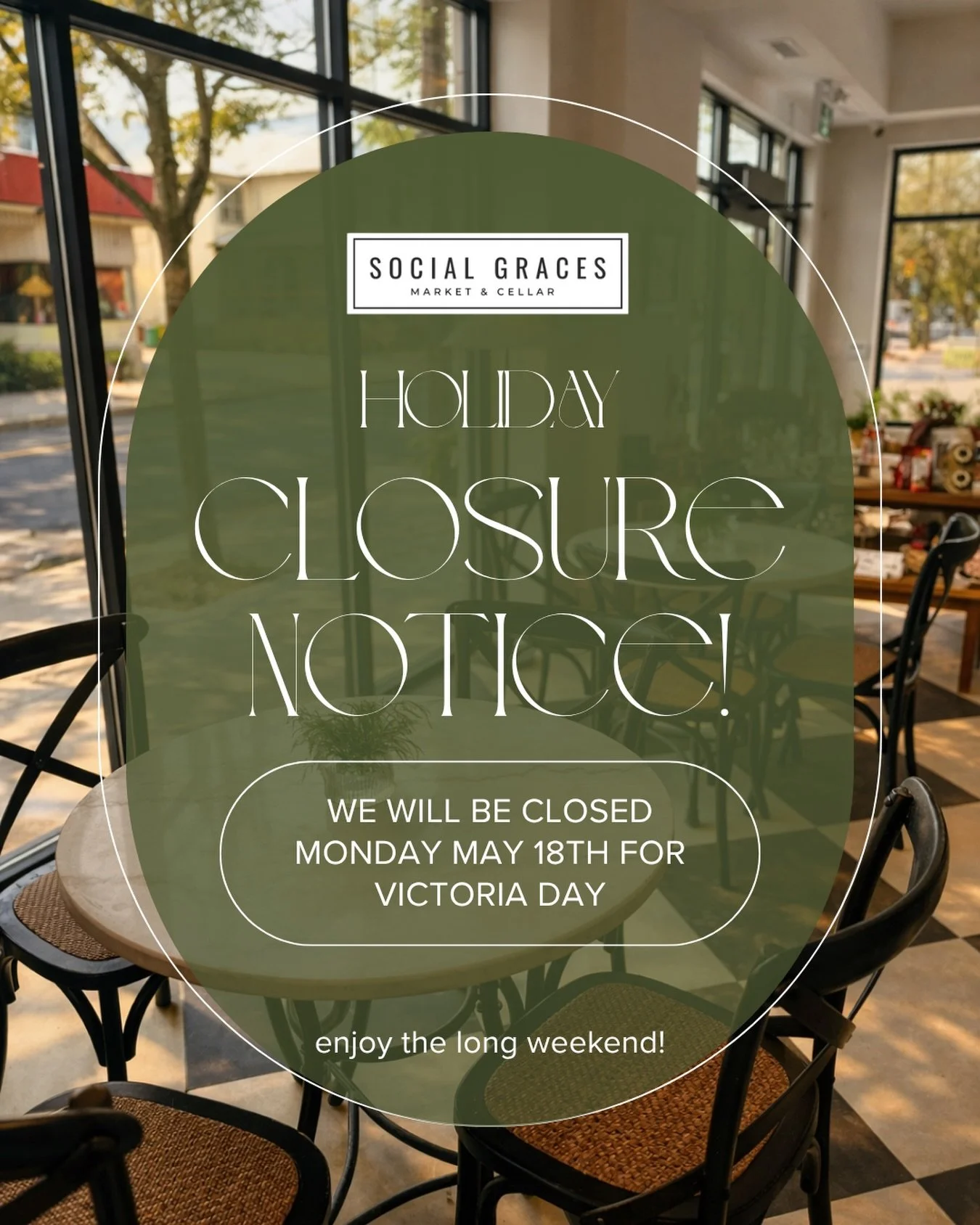 Just a reminder that we will be closed tomorrow, Monday, May 18th for the Victoria Day long weekend ☀️

Regular hours will resume Tuesday, May 19th.

Enjoy the long weekend &amp; we&rsquo;ll see you back in the shop Tuesday! 🤍