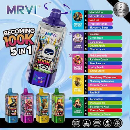 MRVI 100K 5 IN 1 FLAVOR 5% NICOTEEN VAPE PENS( FLAVOR COMBO IN PICTURE)