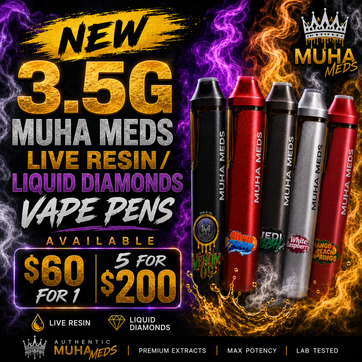 MUHA MEDS LIVE RESIN/LIQUID DIAMONDS 3.5G VAPE PEN (CHECK DISCRIPTION FOR FLAVORS)