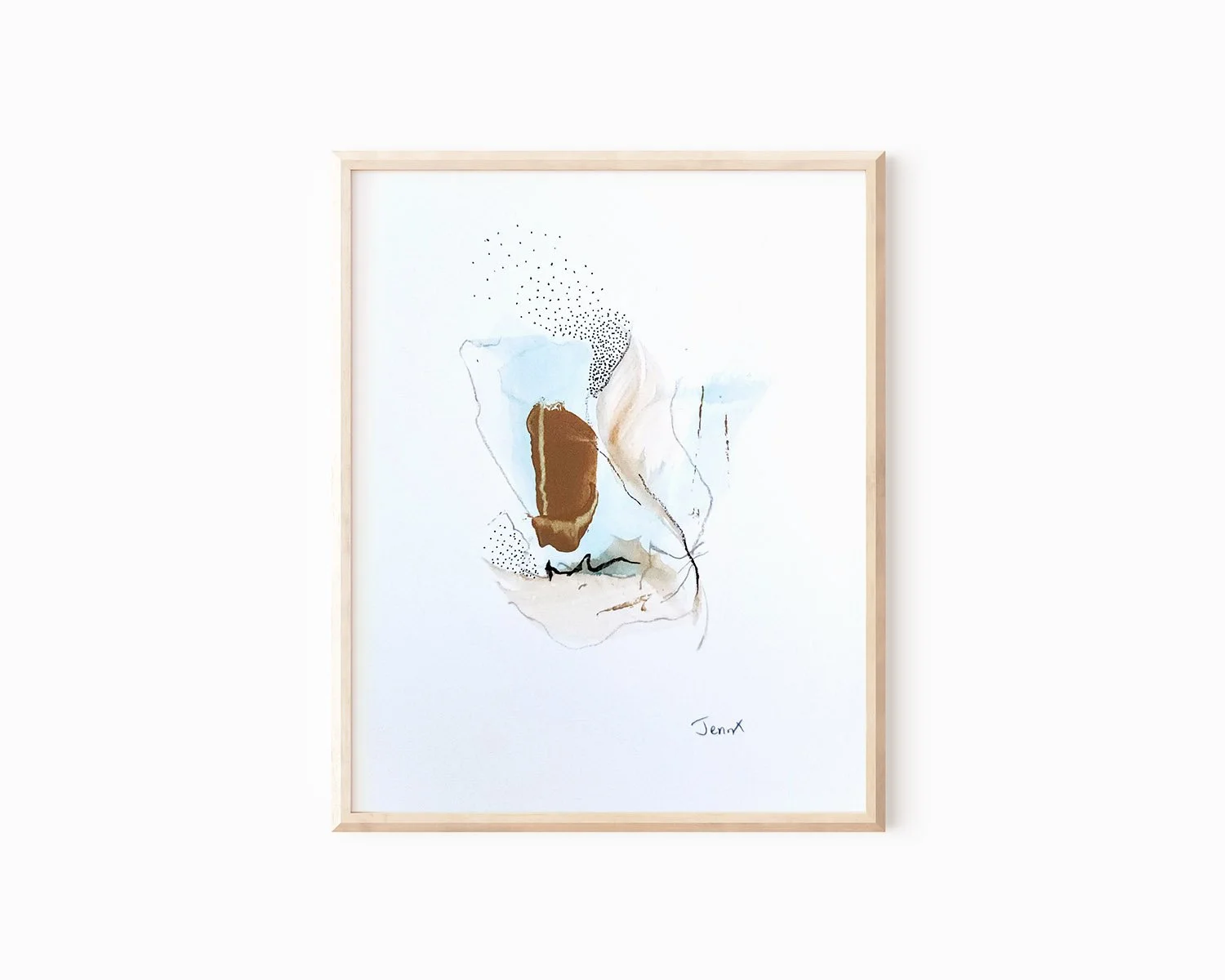 Abstract art in earthy color tones of blue and brown on white background in light wood frame.