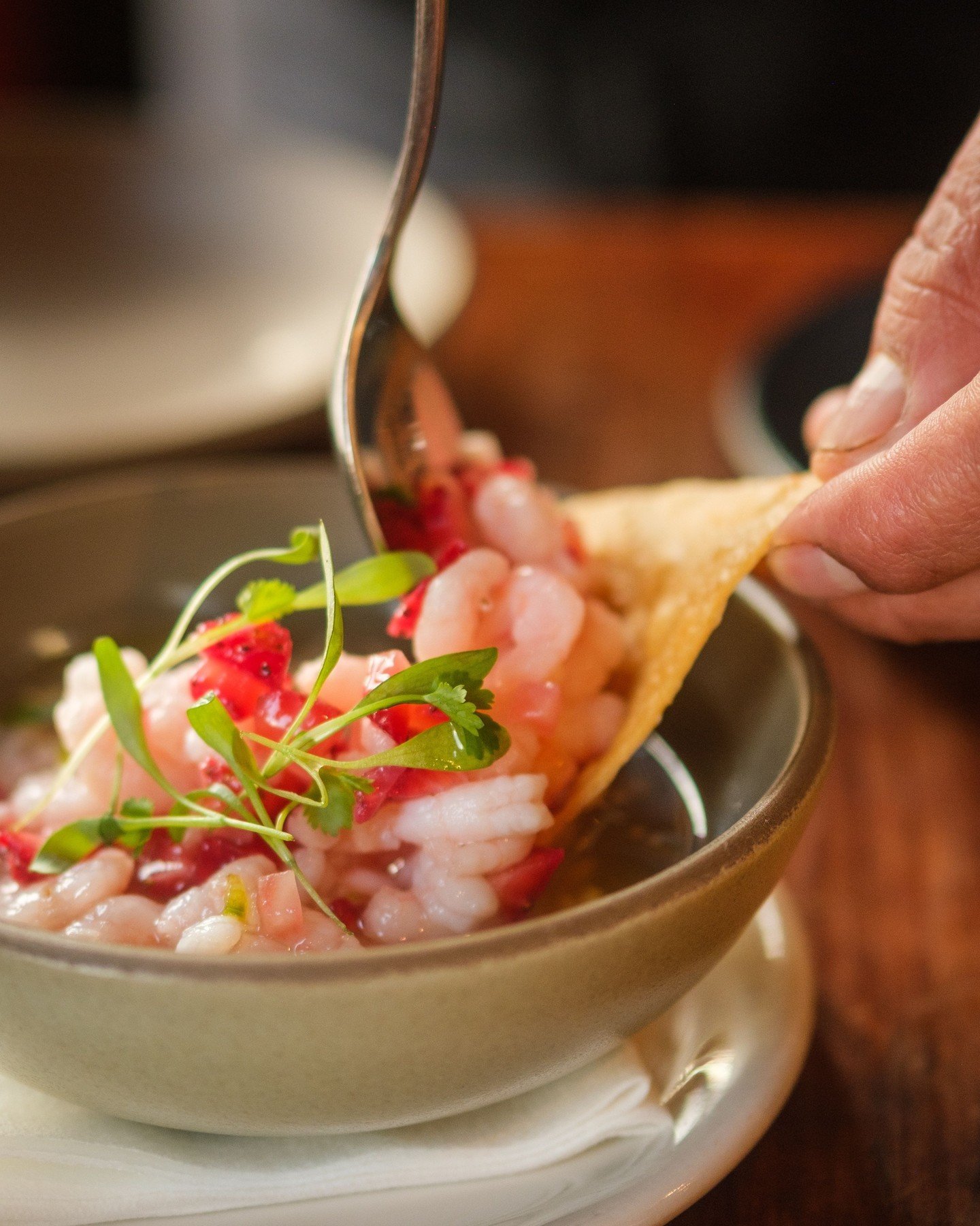 Have you been in to Zuzu lately?  They are turning fresh tasting beautiful dishes like this Bay Shrimp Ceviche.  It starts with marinating the shrimp in citrus and then adding chopped strawberries!  Top the whole thing with some young coconut juice a