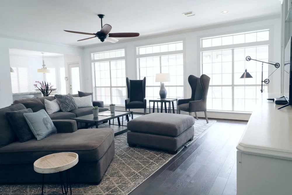 Furnished living room at Villa Capri, a five bedroom house in Bellaire, Houston, ready to move into