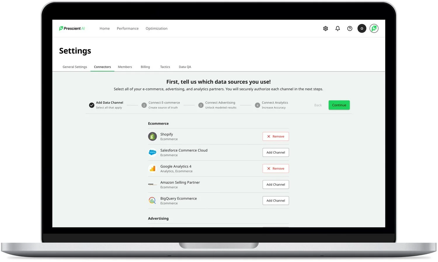Laptop screen displaying Prescient AI settings page for connecting data sources, showing options for Shopify, Salesforce Commerce Cloud, Google Analytics 4, Amazon Selling Partner, and BigQuery Ecommerce. "Add Channel" and "Remove" buttons visible.