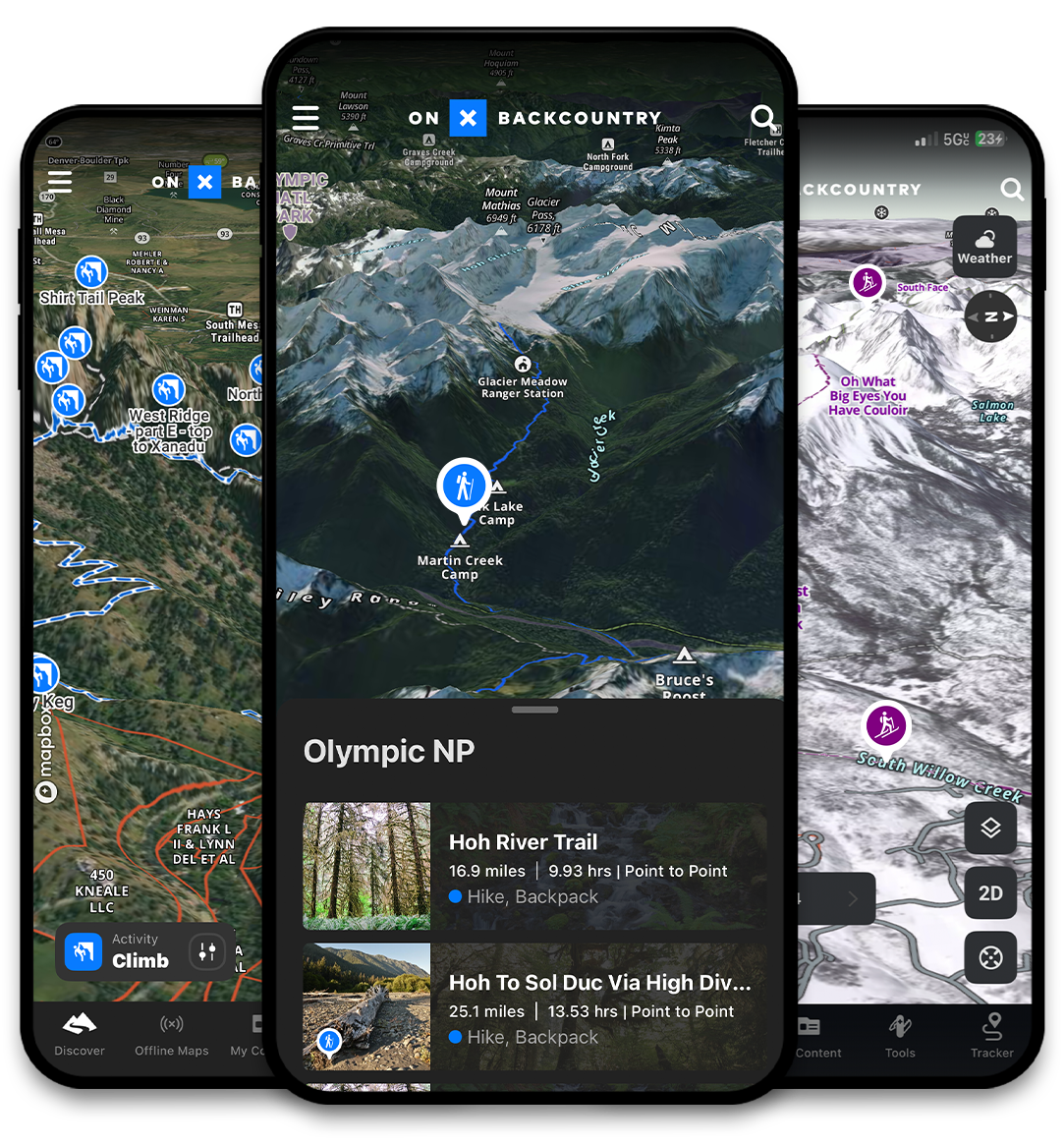 Three smartphone screens displaying a hiking and navigation app with maps of Olympic National Park trails, terrain, and campsites.
