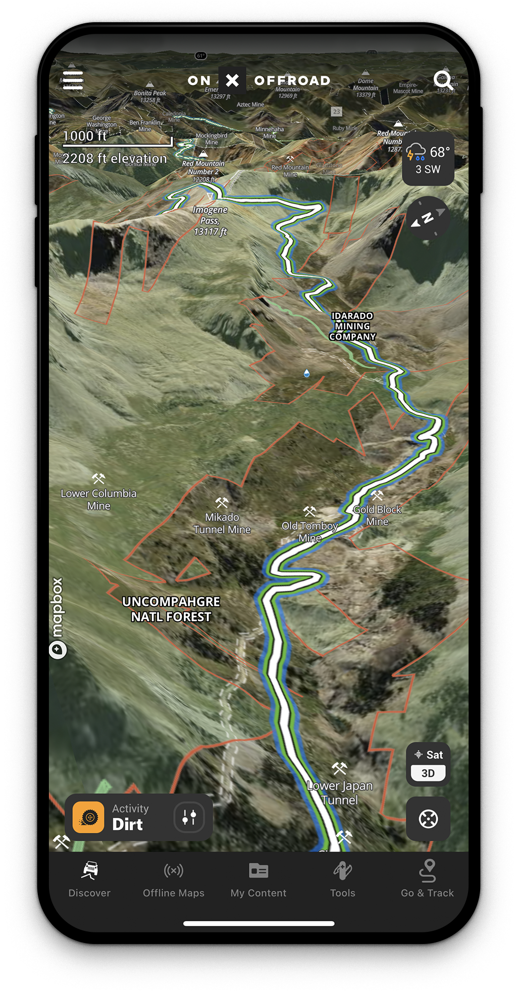 3D topographic map displaying a trail in the Uncompahgre National Forest with marked mines and elevation details; features Mapbox branding and activity icon for off-roading.